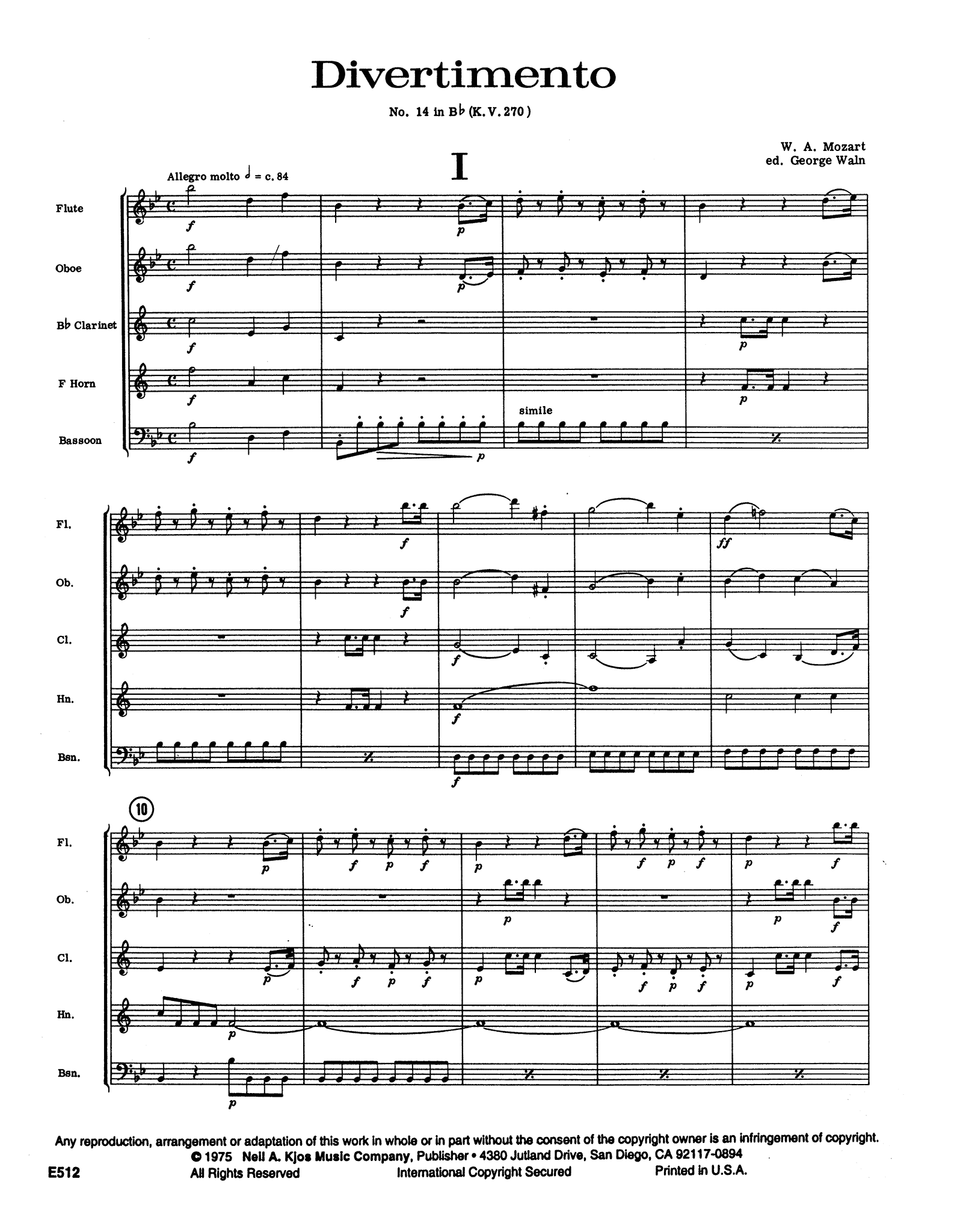 Mozart Divertimento No. 14, K. 270 wind quintet arrangement - Movement 1