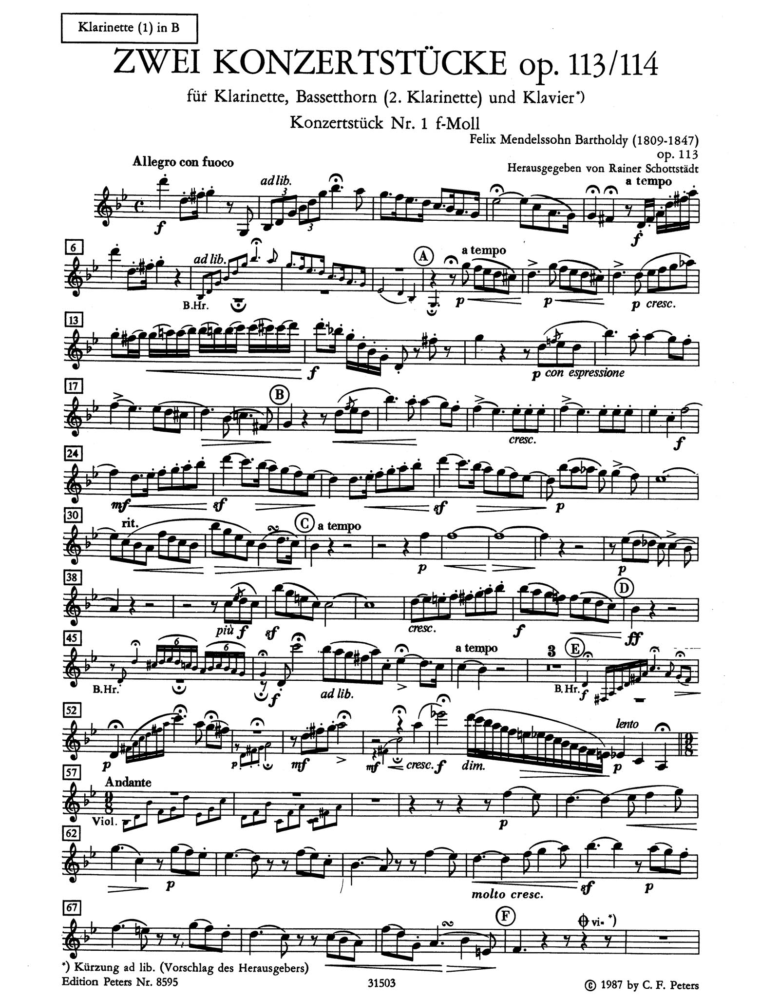 2 Concert Pieces, Opp. 113-14 Clarinet 1 Part