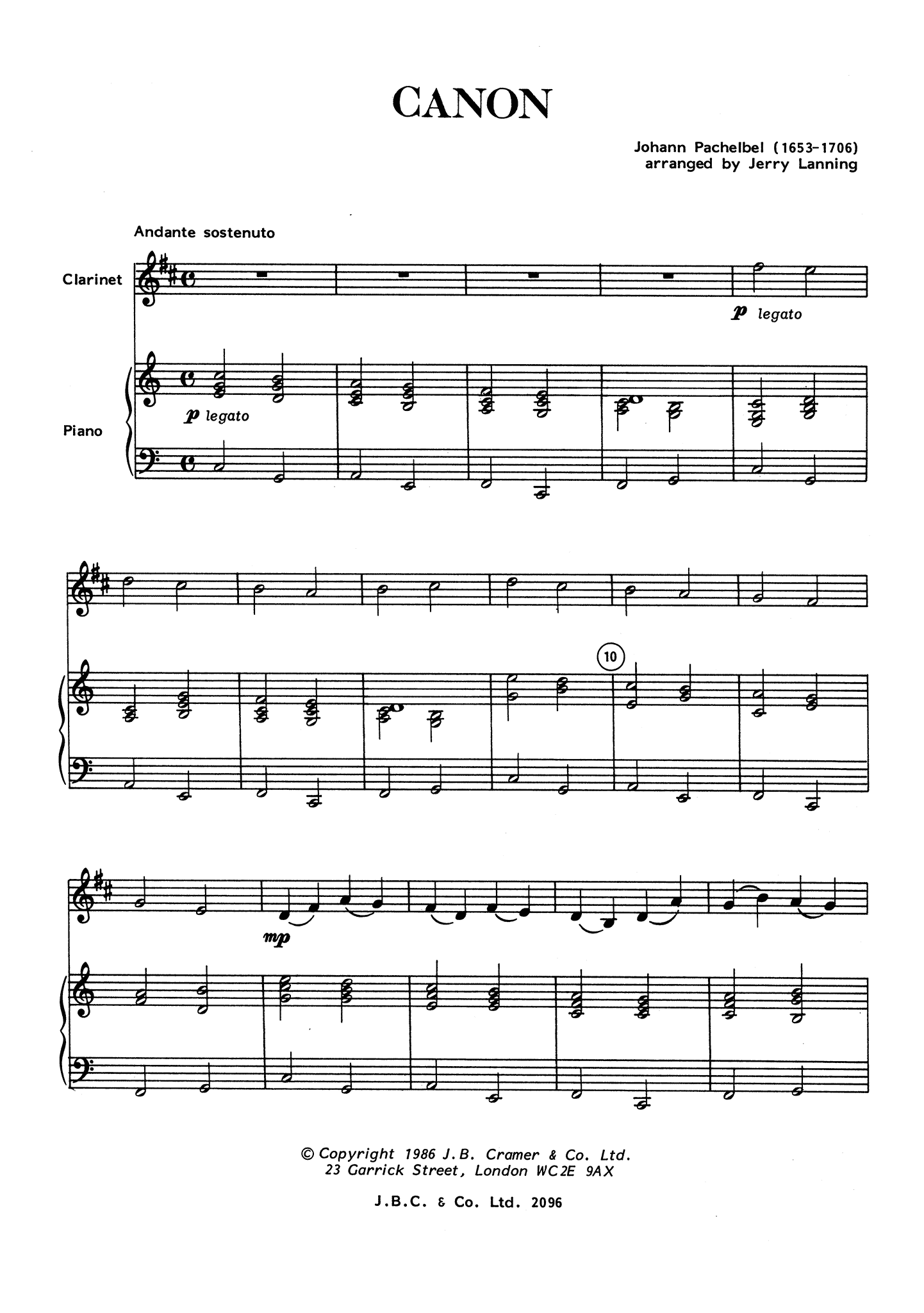 Johann Pachelbel Canon clarinet and piano arrangement score