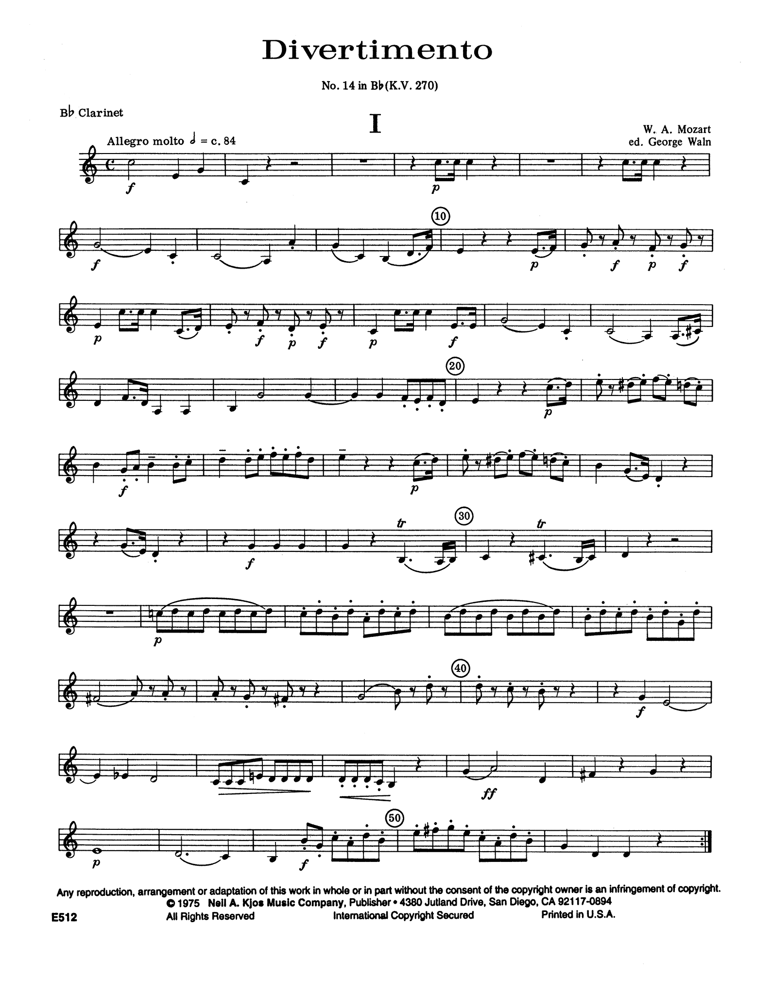 Mozart Divertimento No. 14, K. 270 wind quintet arrangement clarinet part