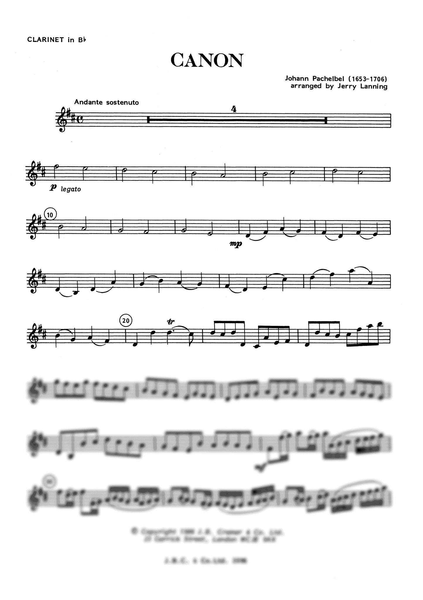 Johann Pachelbel Canon clarinet and piano arrangement solo part