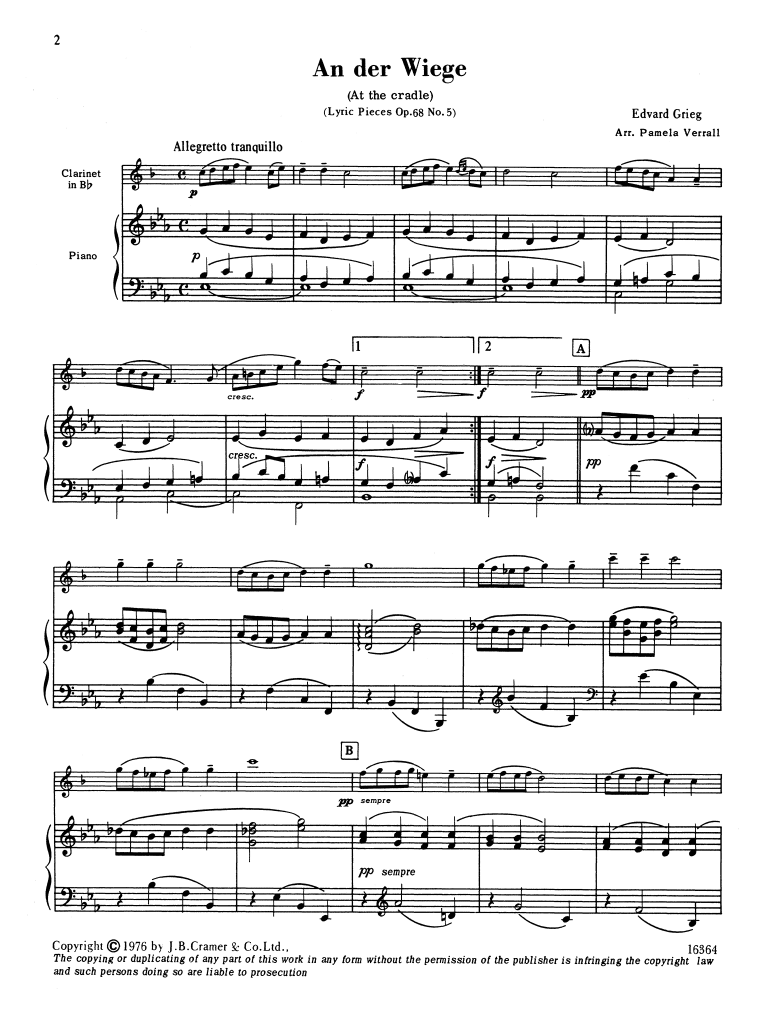 Grieg An der Wiege Op. 68 No. 5 clarinet and piano arrangement