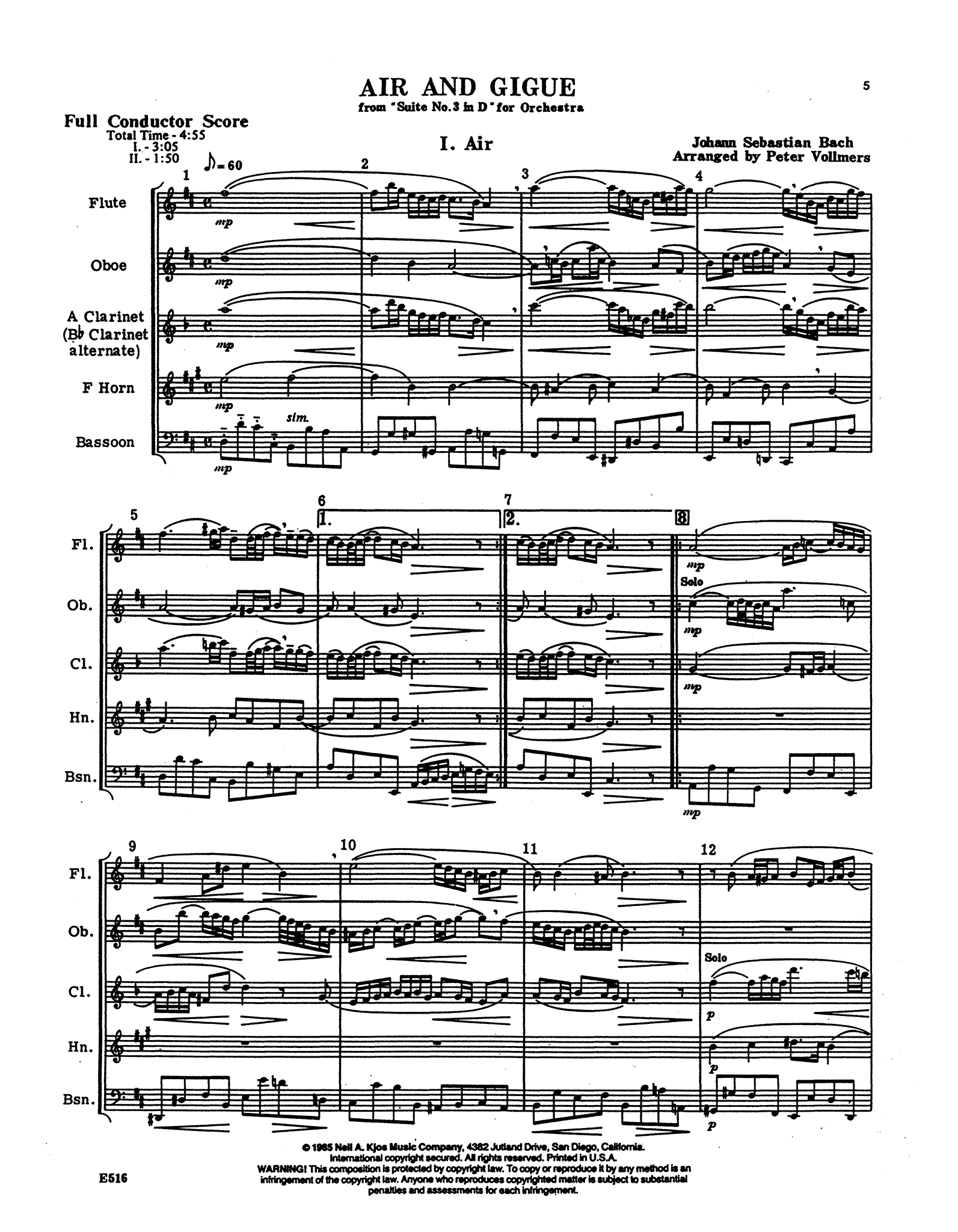 J.S. Bach Air on G String Suite woodwind quintet arrangement - Movement 1