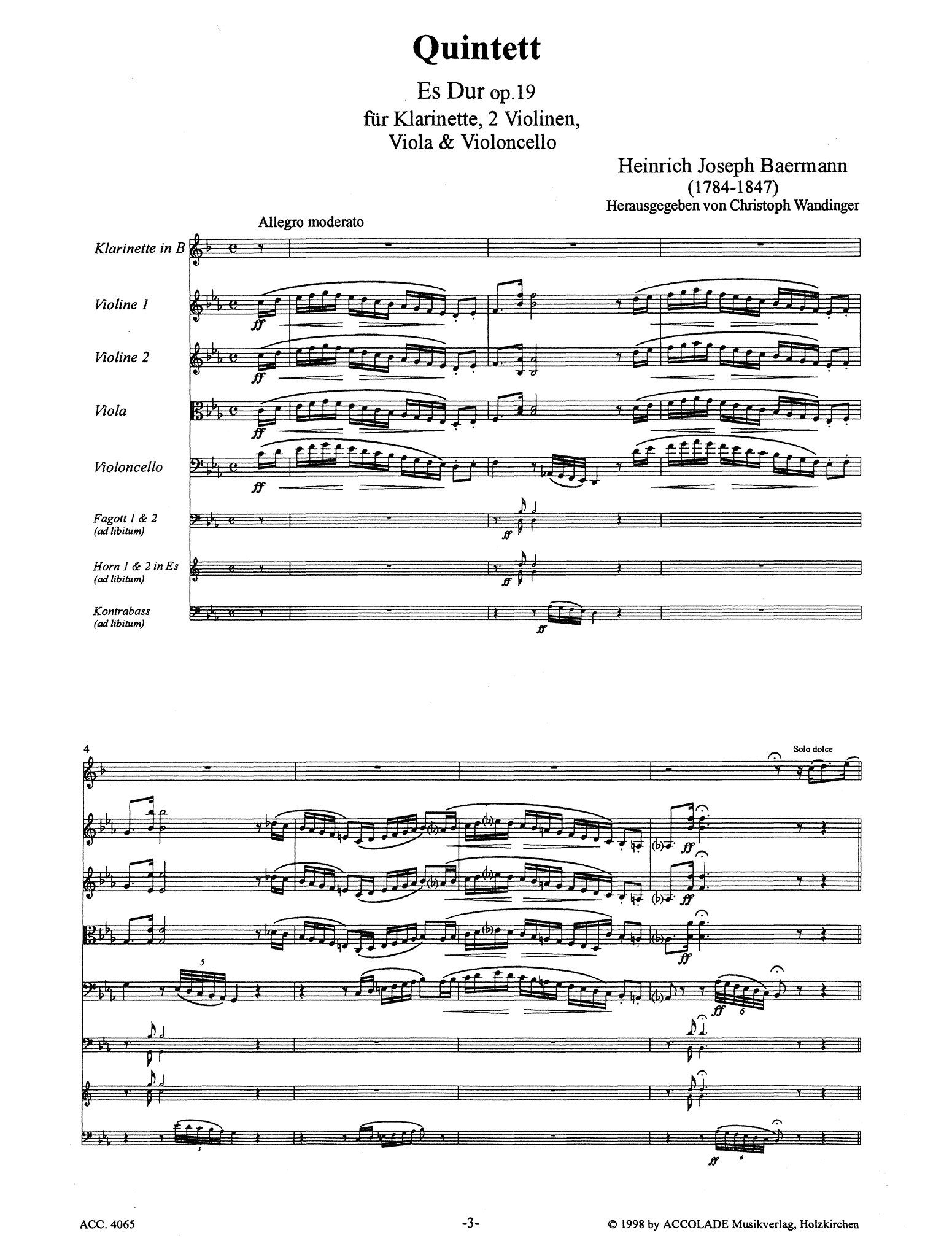 Baermann Clarinet Quintet in E-flat Major, Op. 19 - Movement 1