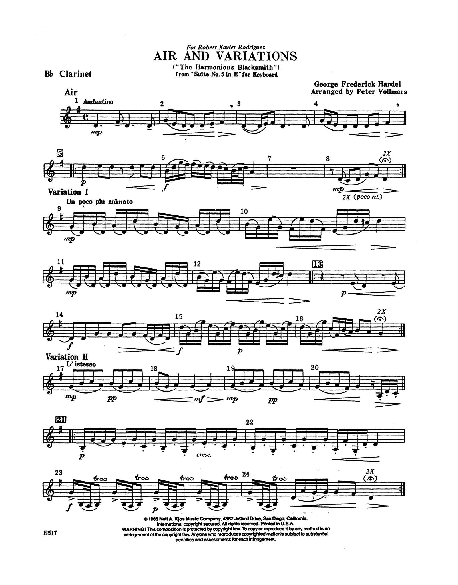 Handel Air & Variations ‘The Harmonious Blacksmith,’ from Suite HWV 430 wind quintet arrangement clarinet part