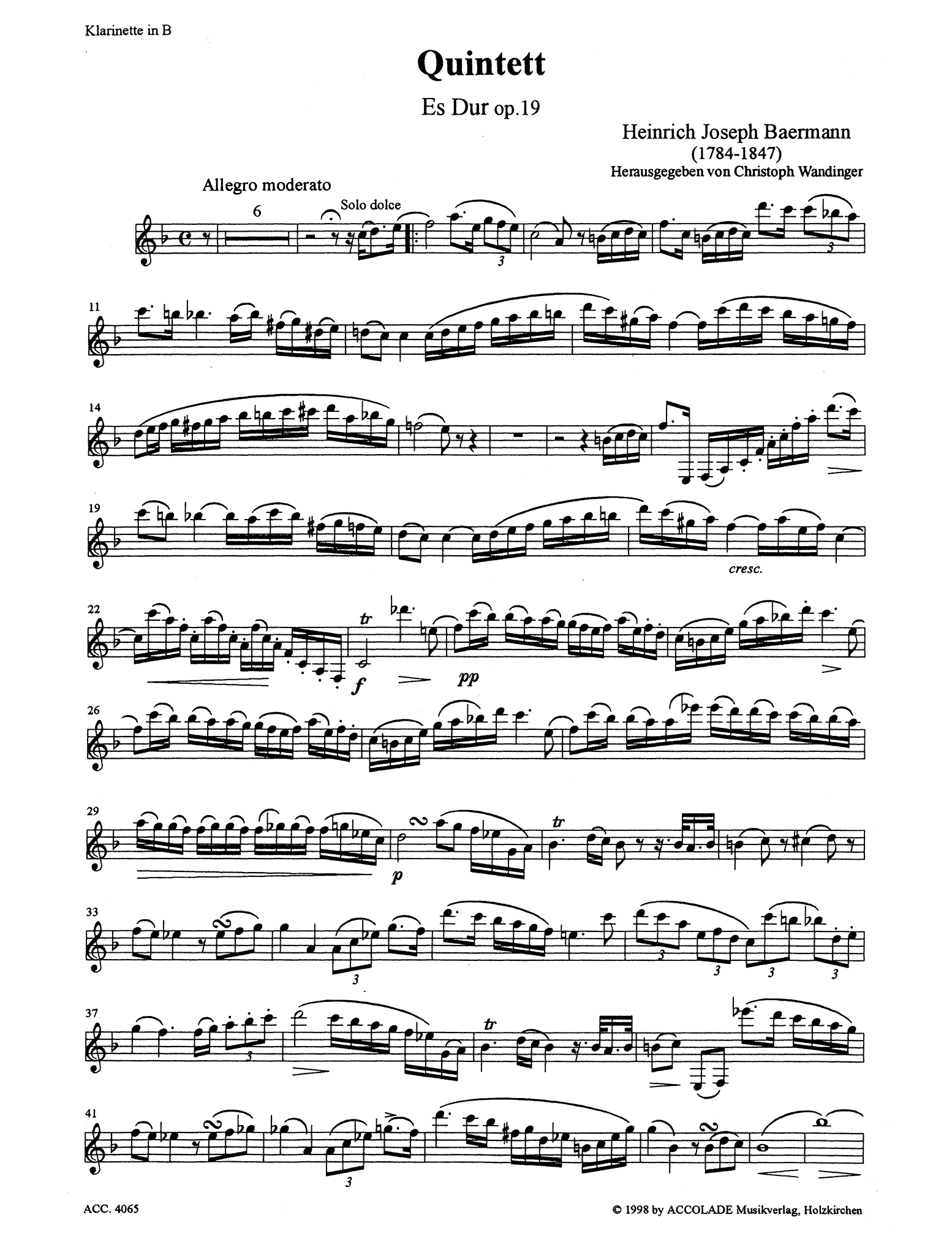Baermann Quintet in E-flat Major clarinet part