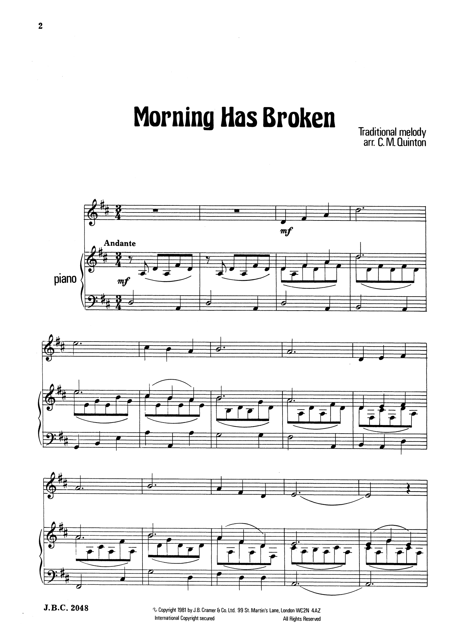 Morning Has Broken hymn clarinet and piano arrangement score