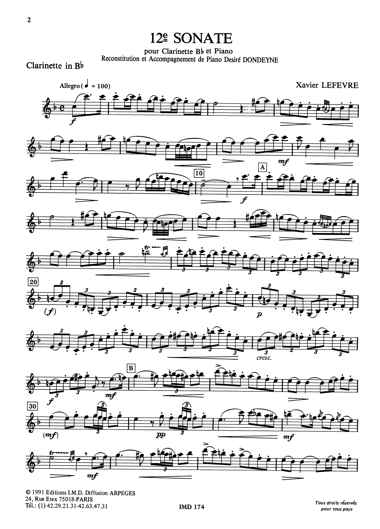 Lefèvre Clarinet Sonata No. 12 in F Major Clarinet part