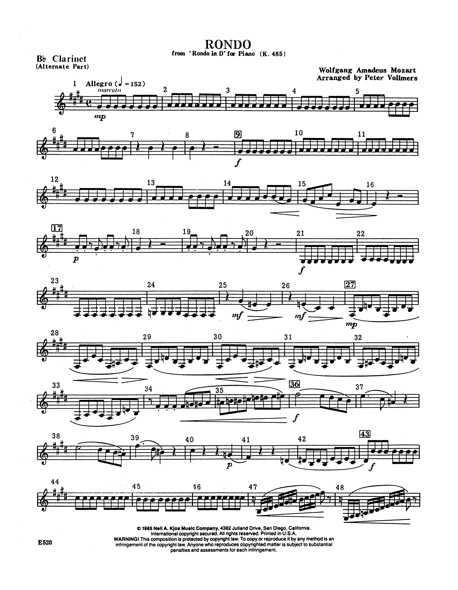 Mozart Rondo No. 1 in D Major, K. 485, wind quintet arrangement | Kjos ...