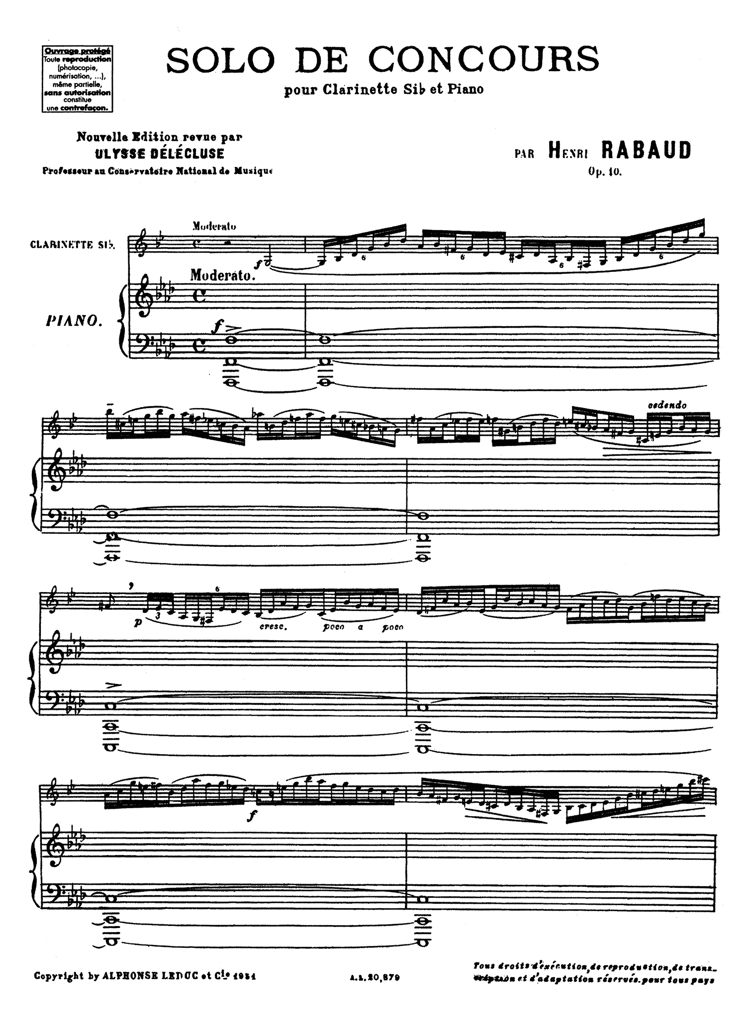 Rabaud Solo de concours, Op. 10 Clarinet & Piano score
