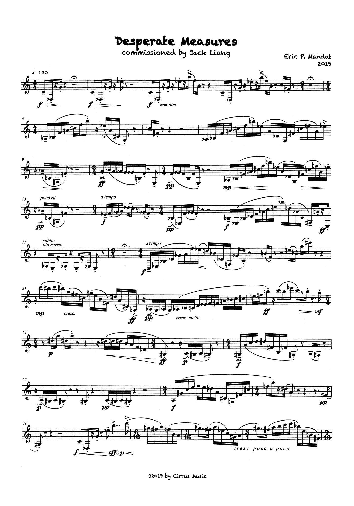 Eric Mandat Desperate Measures unaccompanied bass clarinet page 1