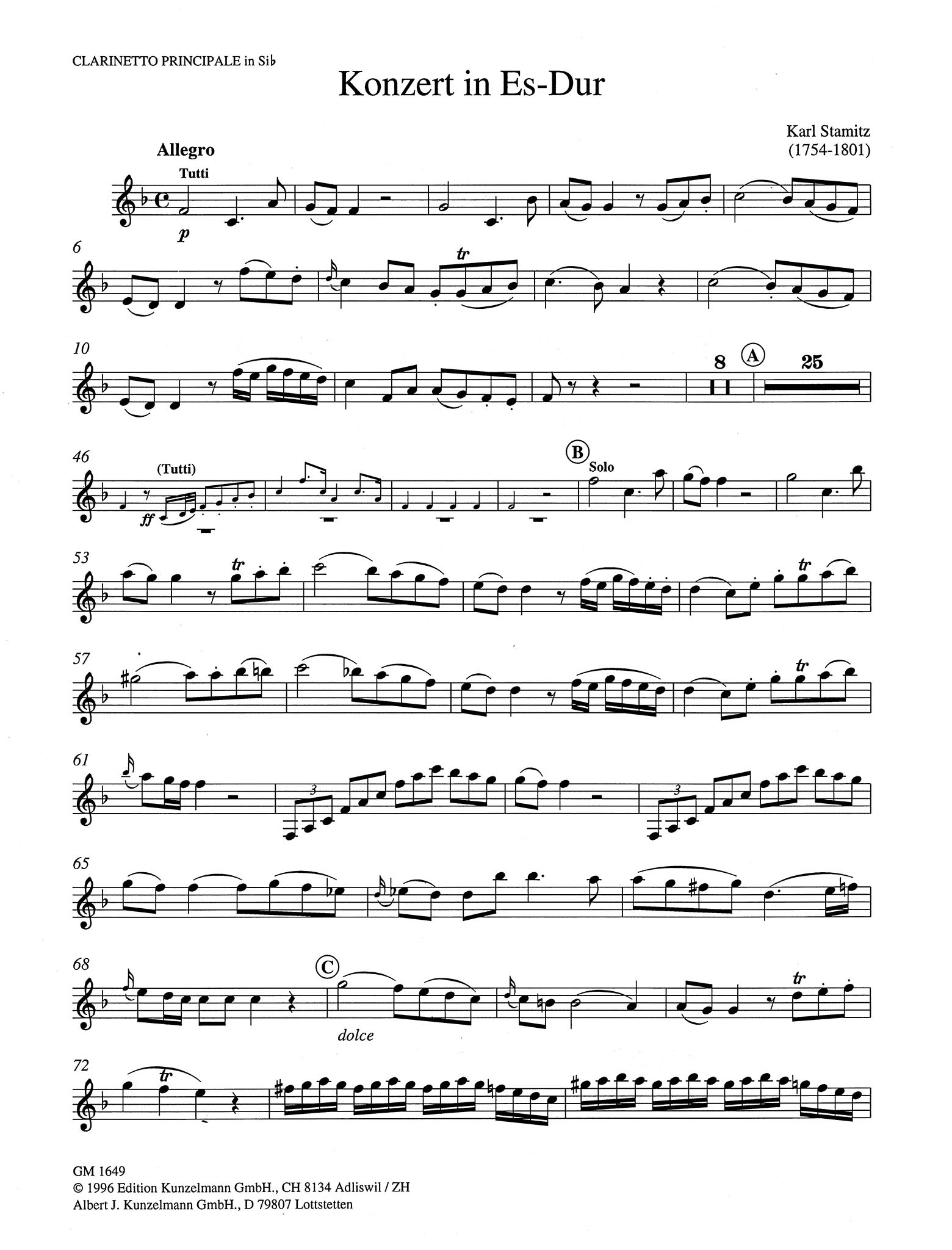 Clarinet Concerto No. 6 (Kaiser) in E-flat Major Clarinet part