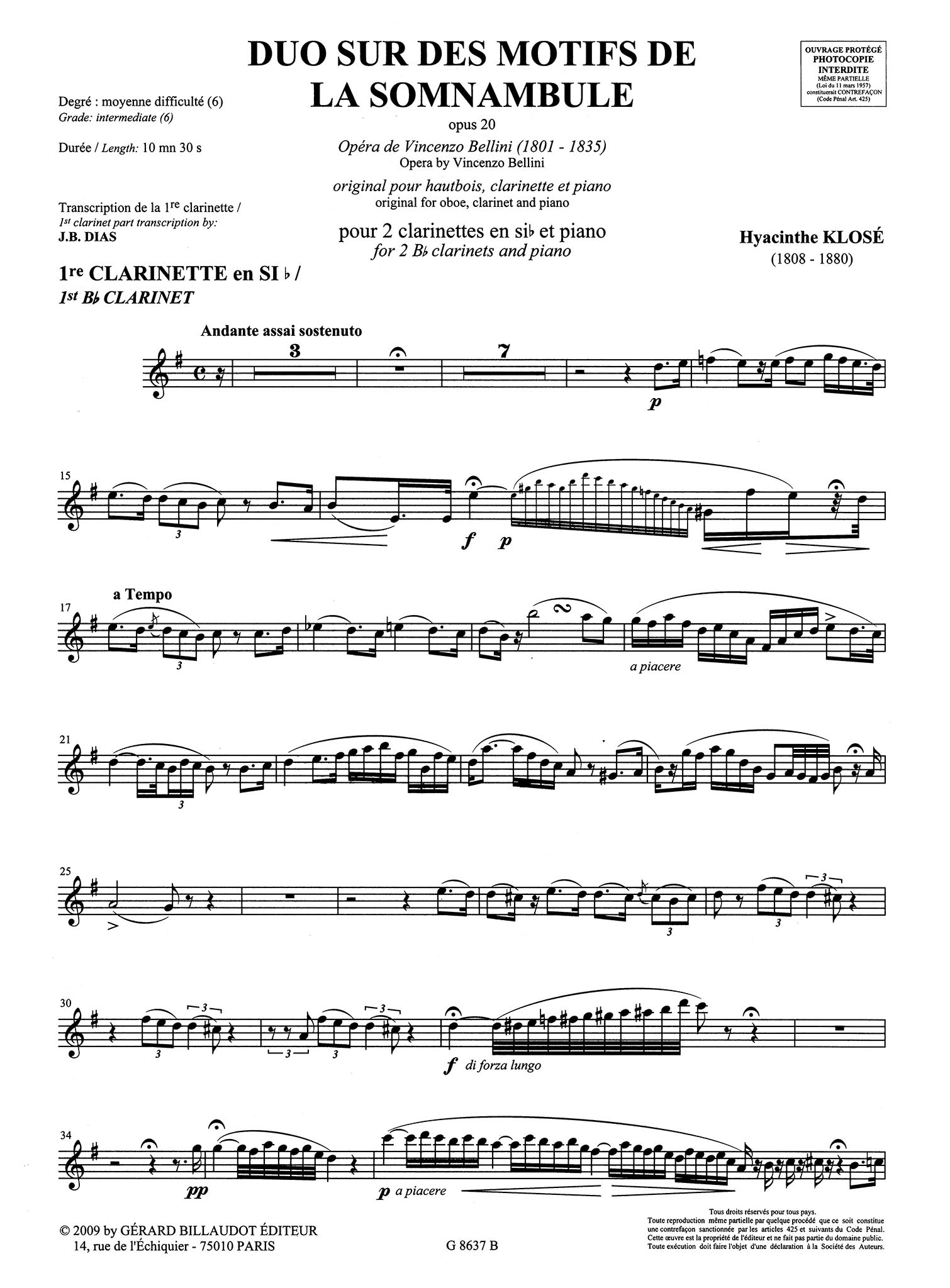 Duo on Themes of Bellini’s La Sonnambula, Op. 20 First B-flat Clarinet part