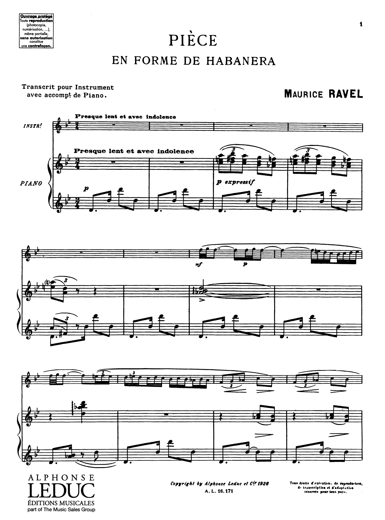 Ravel Pièce en forme de habanera clarinet & piano arrangement Score