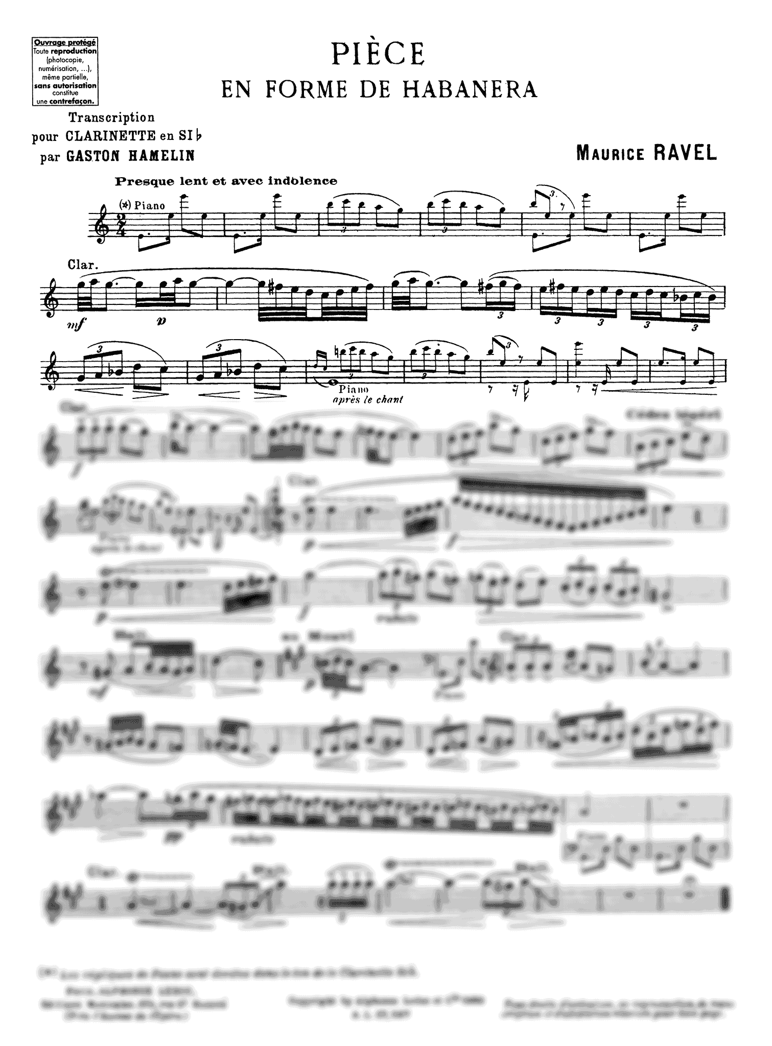 Ravel Pièce en forme de habanera clarinet part