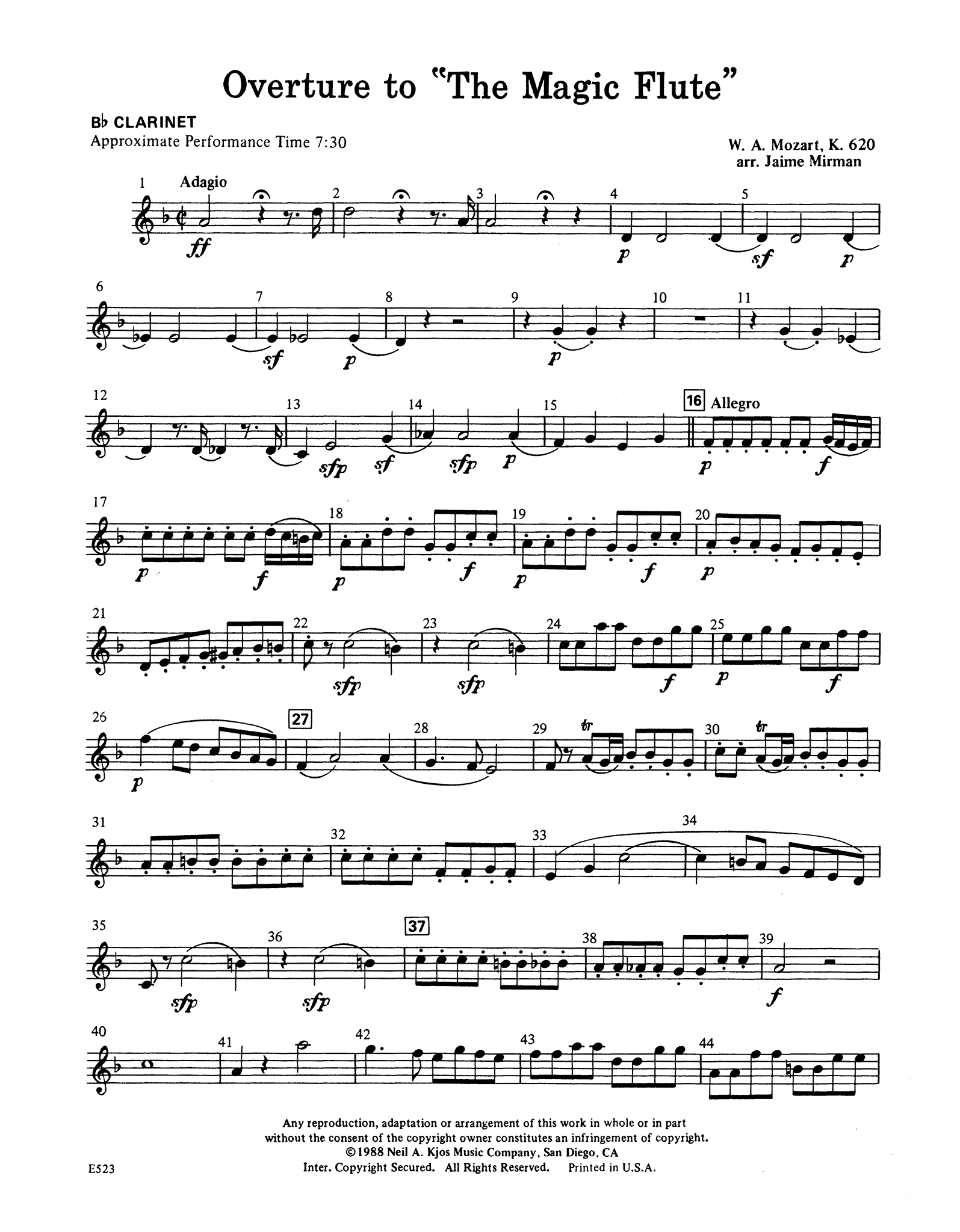 Mozart Overture to ‘Die Zauberflöte’, K. 620 wind quintet arrangement clarinet part