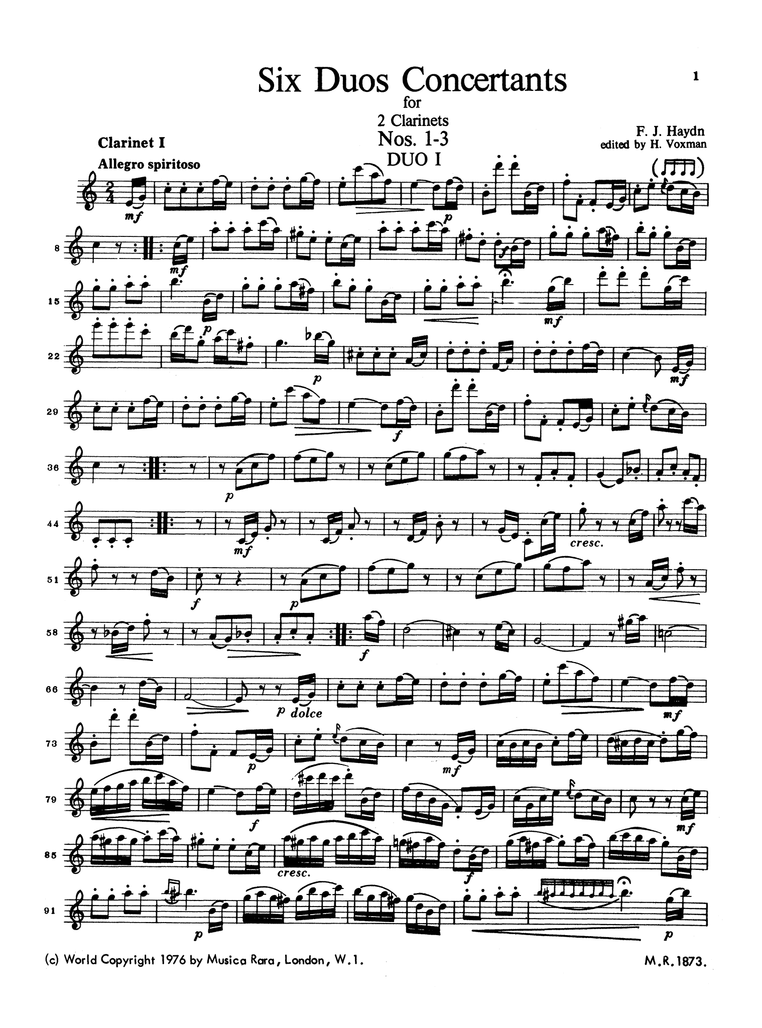Haydn Six Duos Concertants: Nos. 1–3 clarinet duet arrangement No. 1
