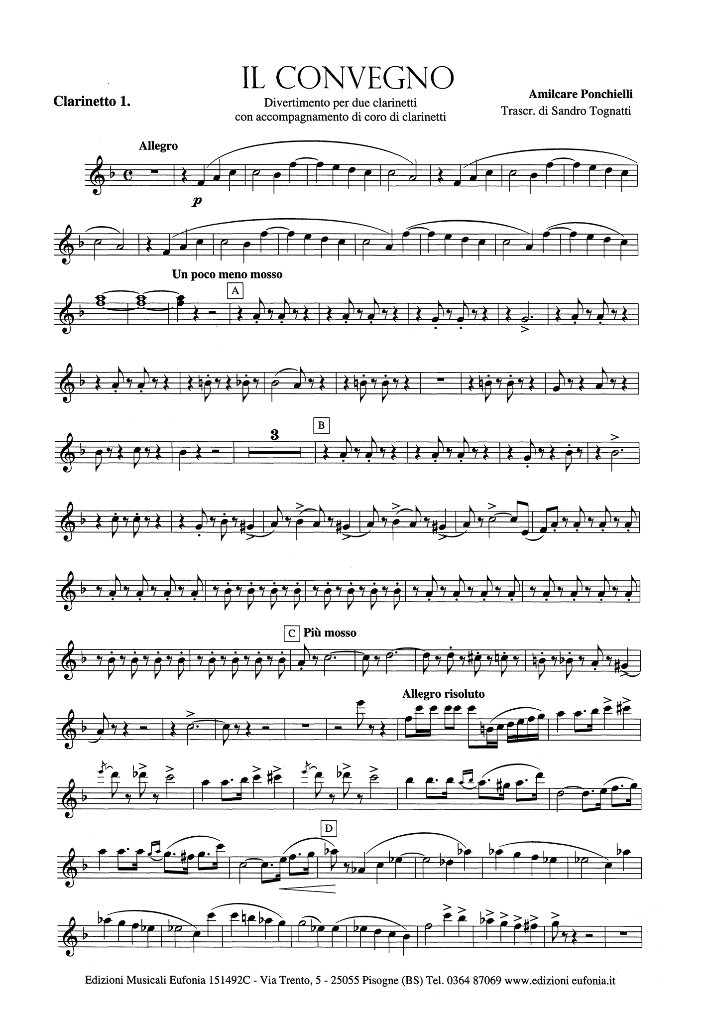 Ponchielli Il Convegno, Op. 76 clarinet choir arrangement first clarinet part