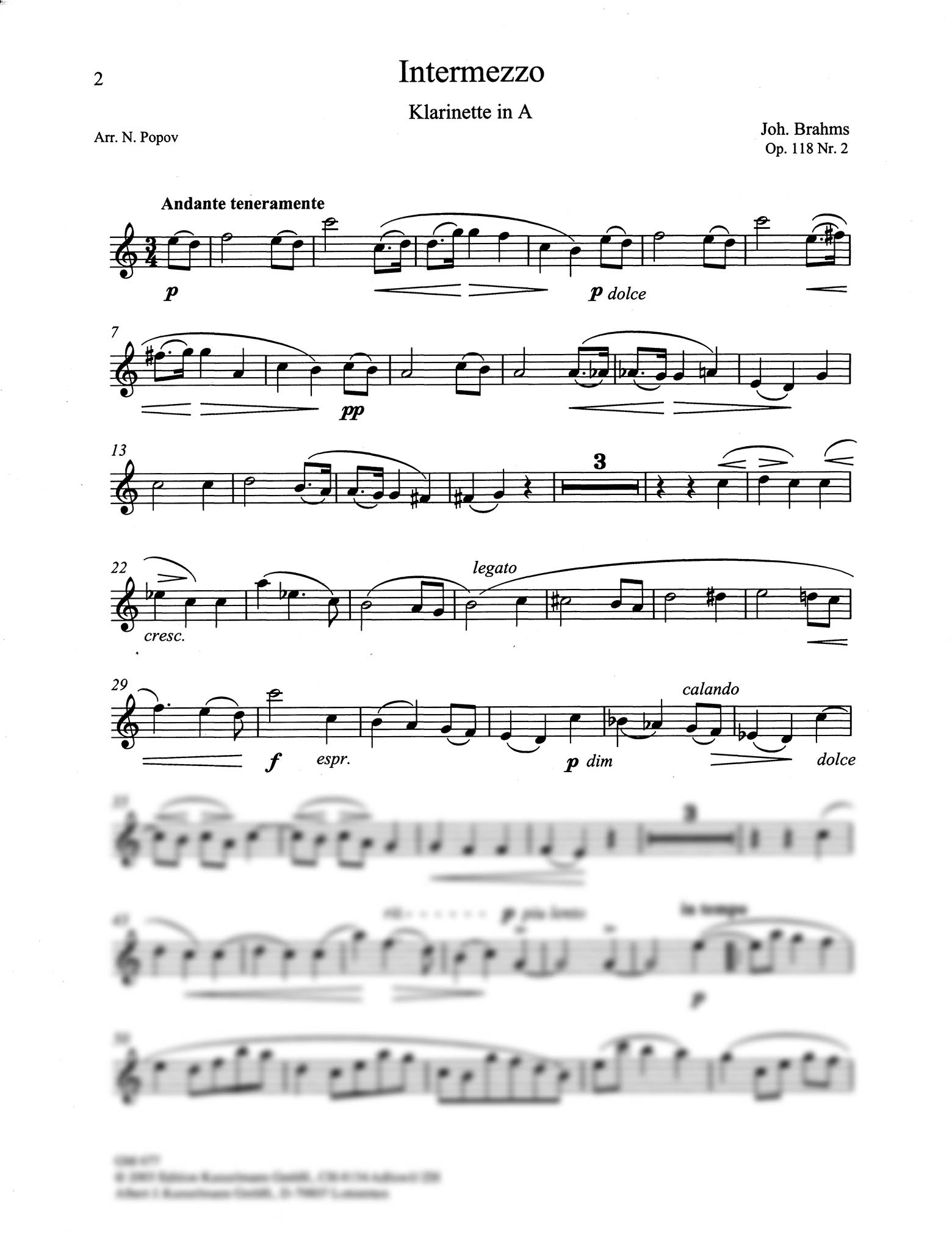Intermezzo, Op. 118 No. 2 Clarinet part