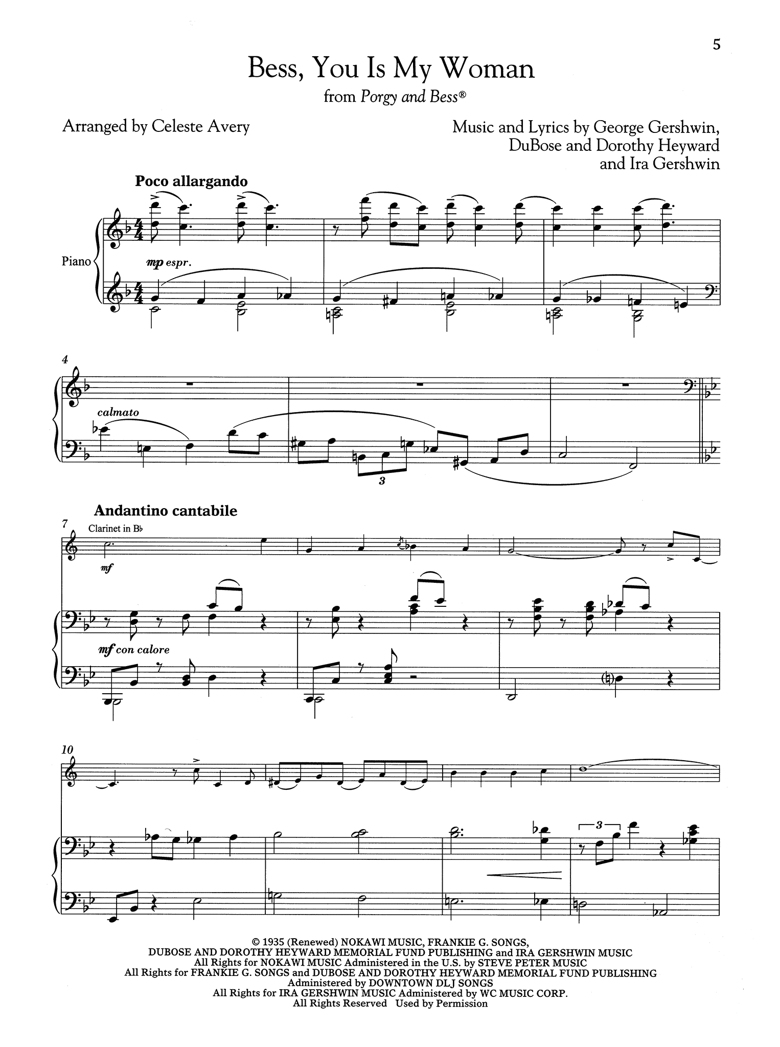 Gershwin Bess You Is My Woman arranged for Clarinet & Piano score