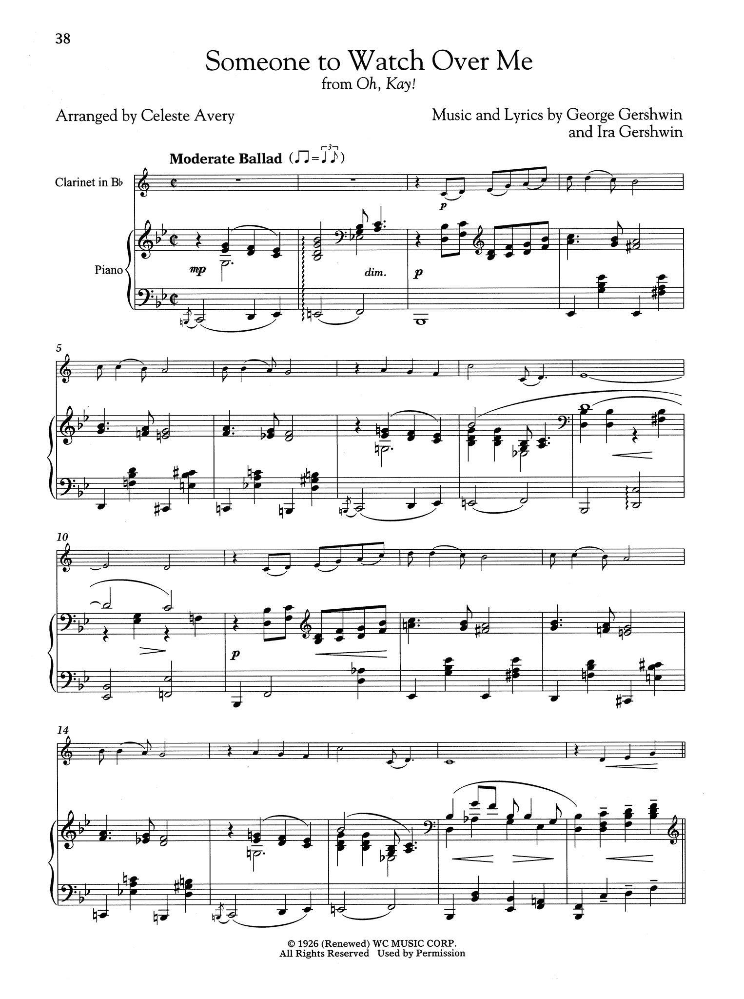 Gershwin Someone to Watch Over Me arranged for Clarinet & Piano score