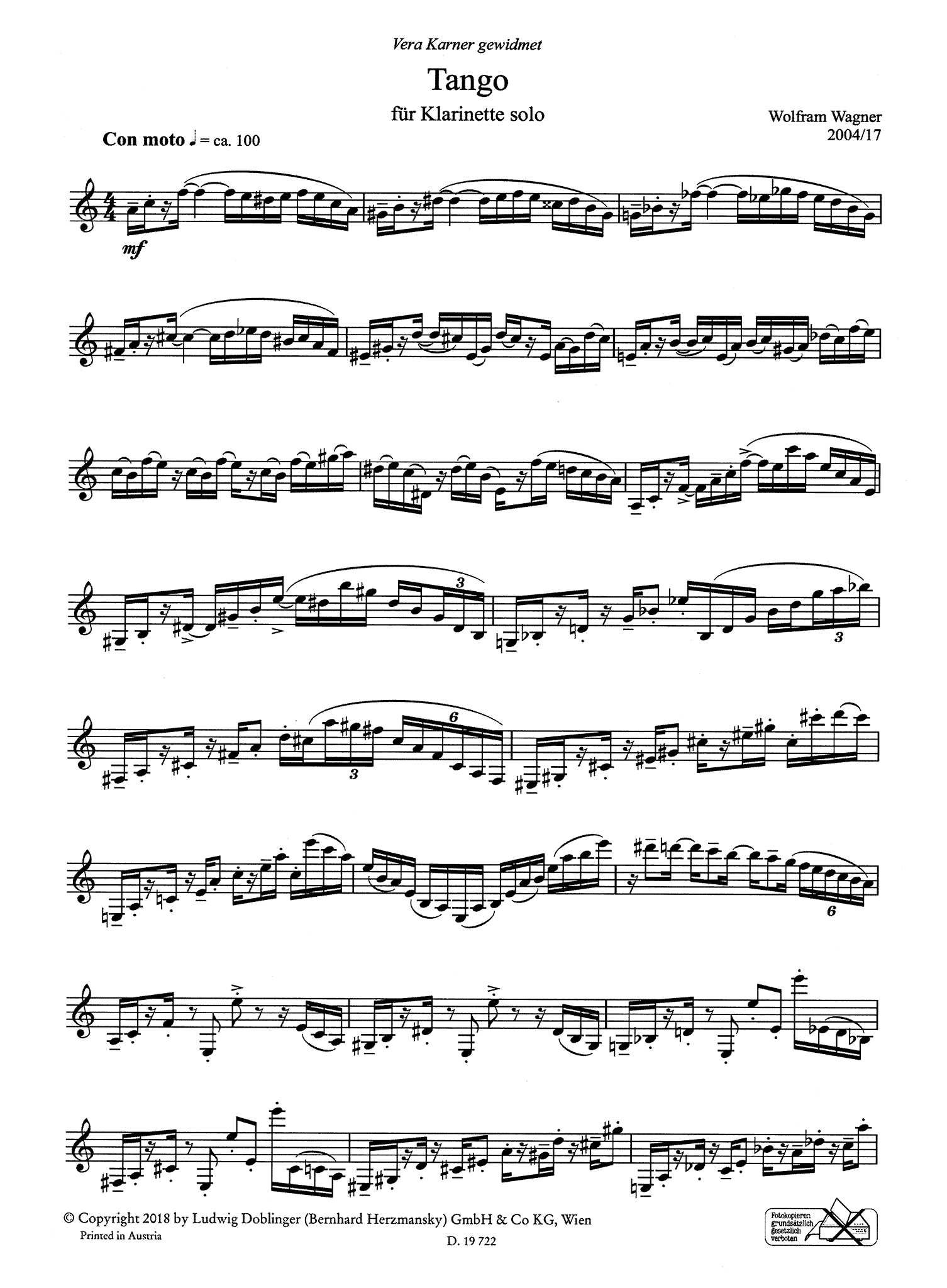Wolfram Wagner Tango unaccompanied clarinet page 1