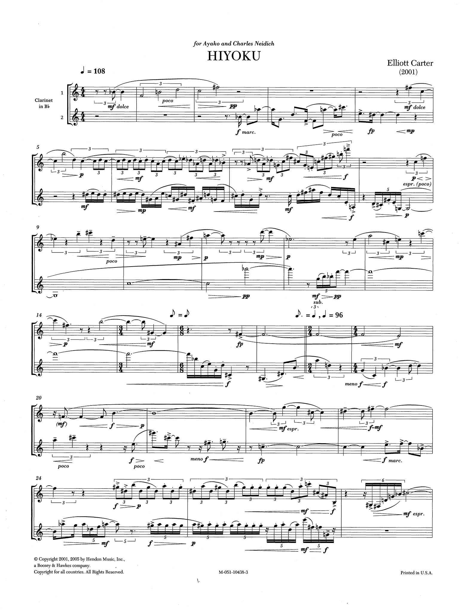 Elliott Carter Hiyoku Clarinet Duet page 1