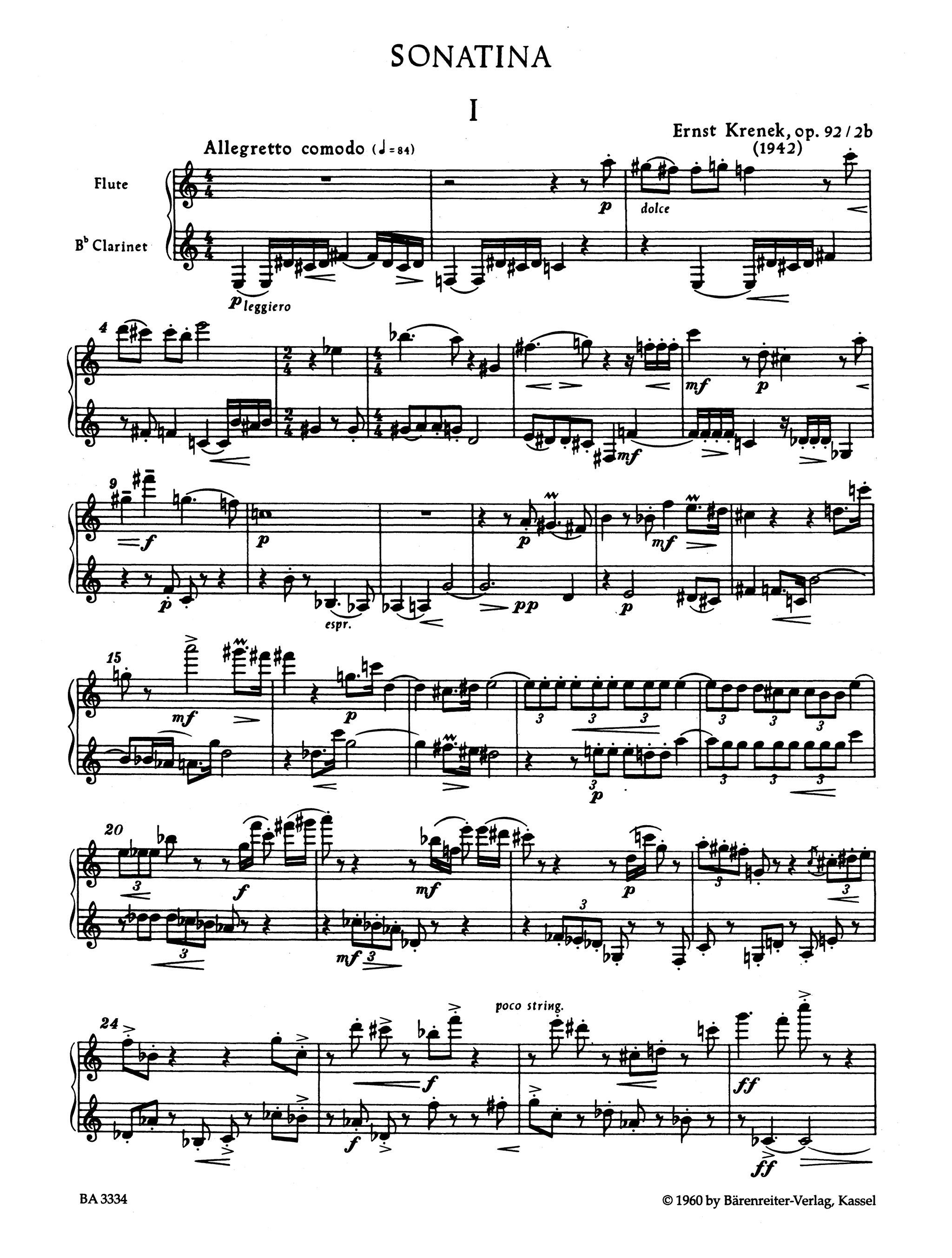 Krenek Sonatina, Op. 92/2b - Movement 1