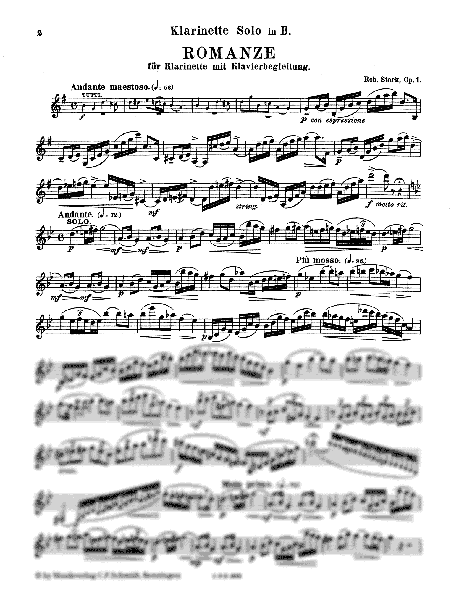Stark Romanze, Op. 1 clarinet and piano reduction solo part