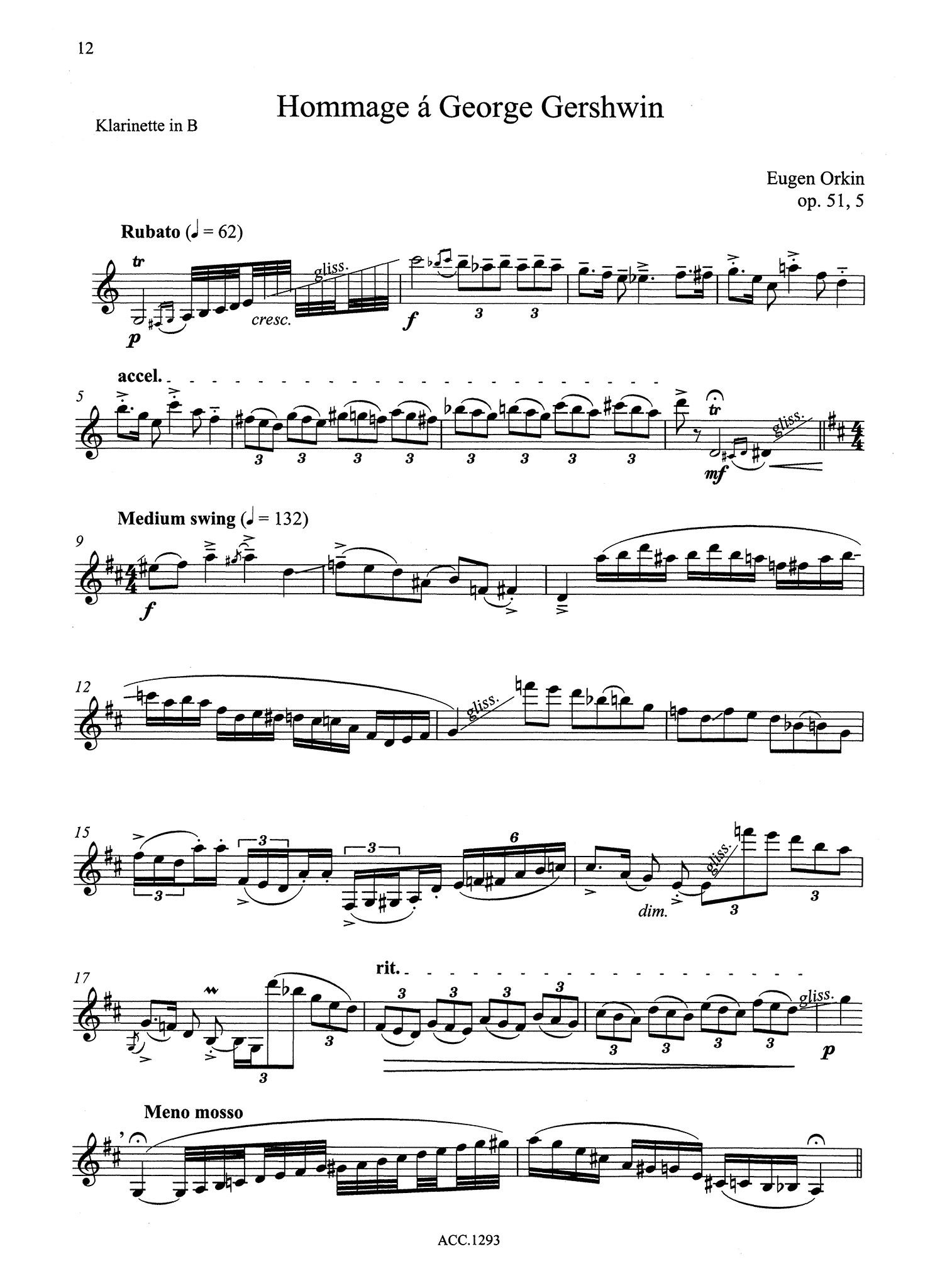 Eugen Orkin Hommage a Gershwin for Clarinet Unaccompanied
