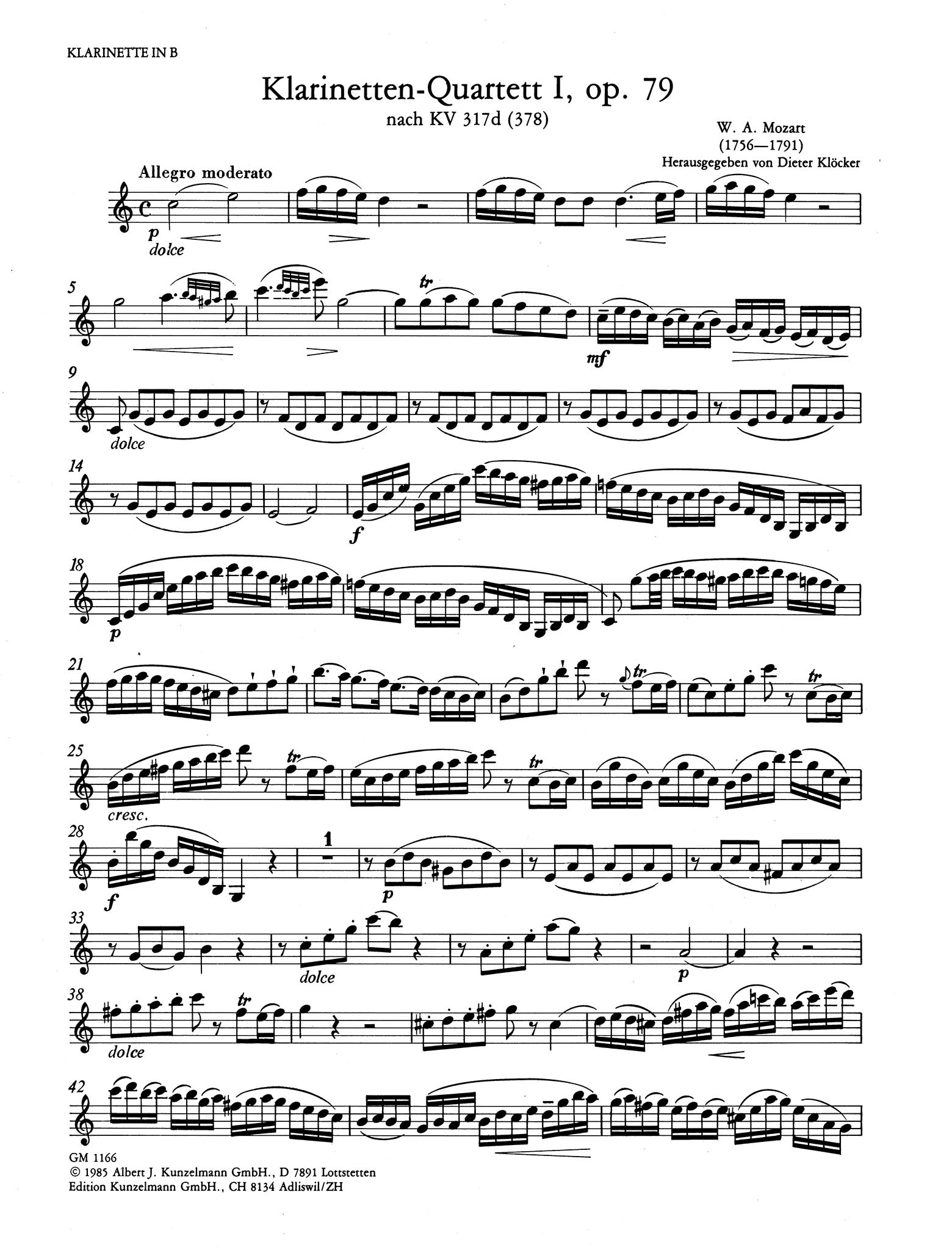 Violin Sonata No. 26 in B-Flat Major, K. 378/317d Clarinet part