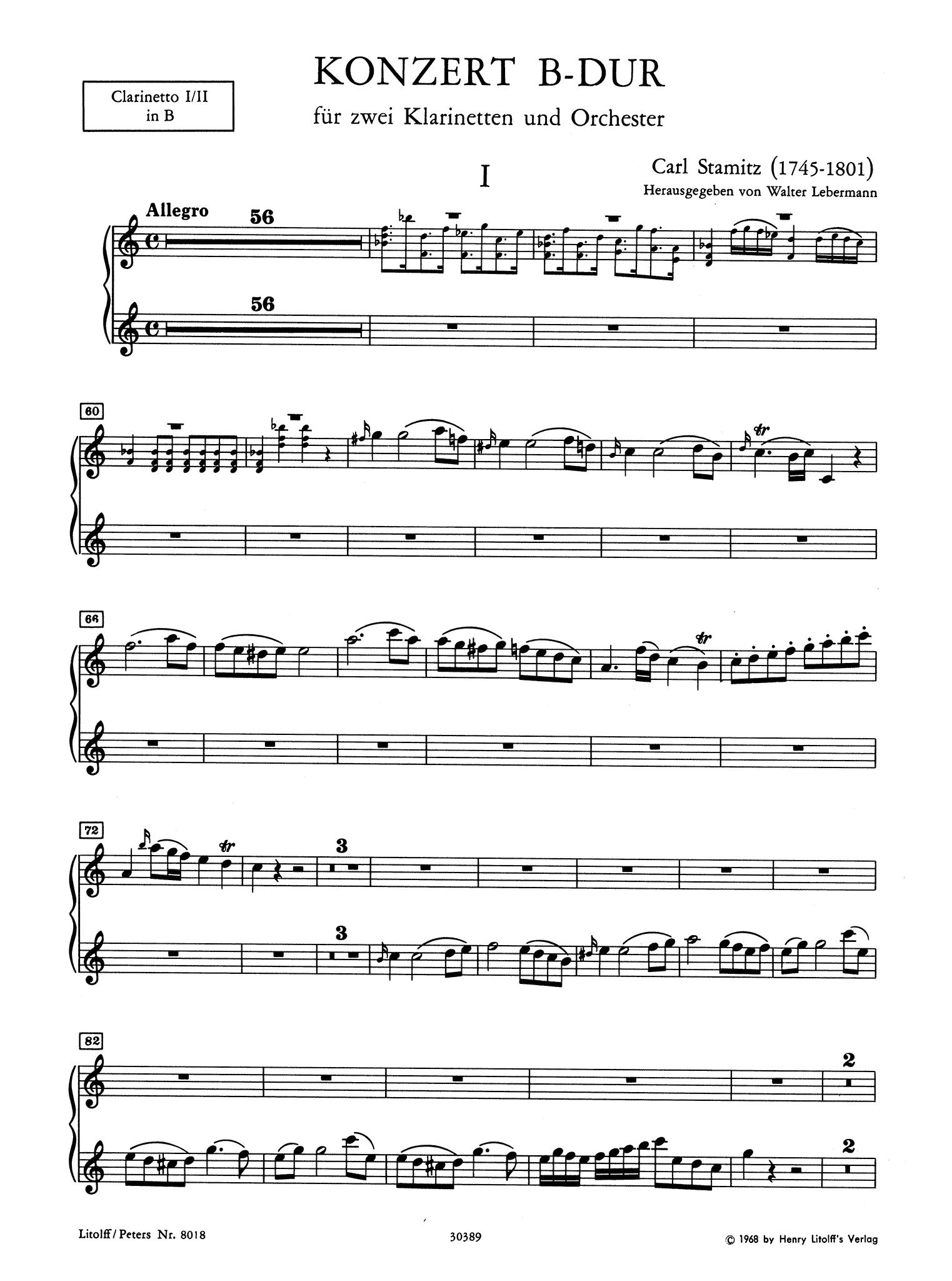 Carl Stamitz Double Concerto B-flat Major Sieber No. 4 clarinet part