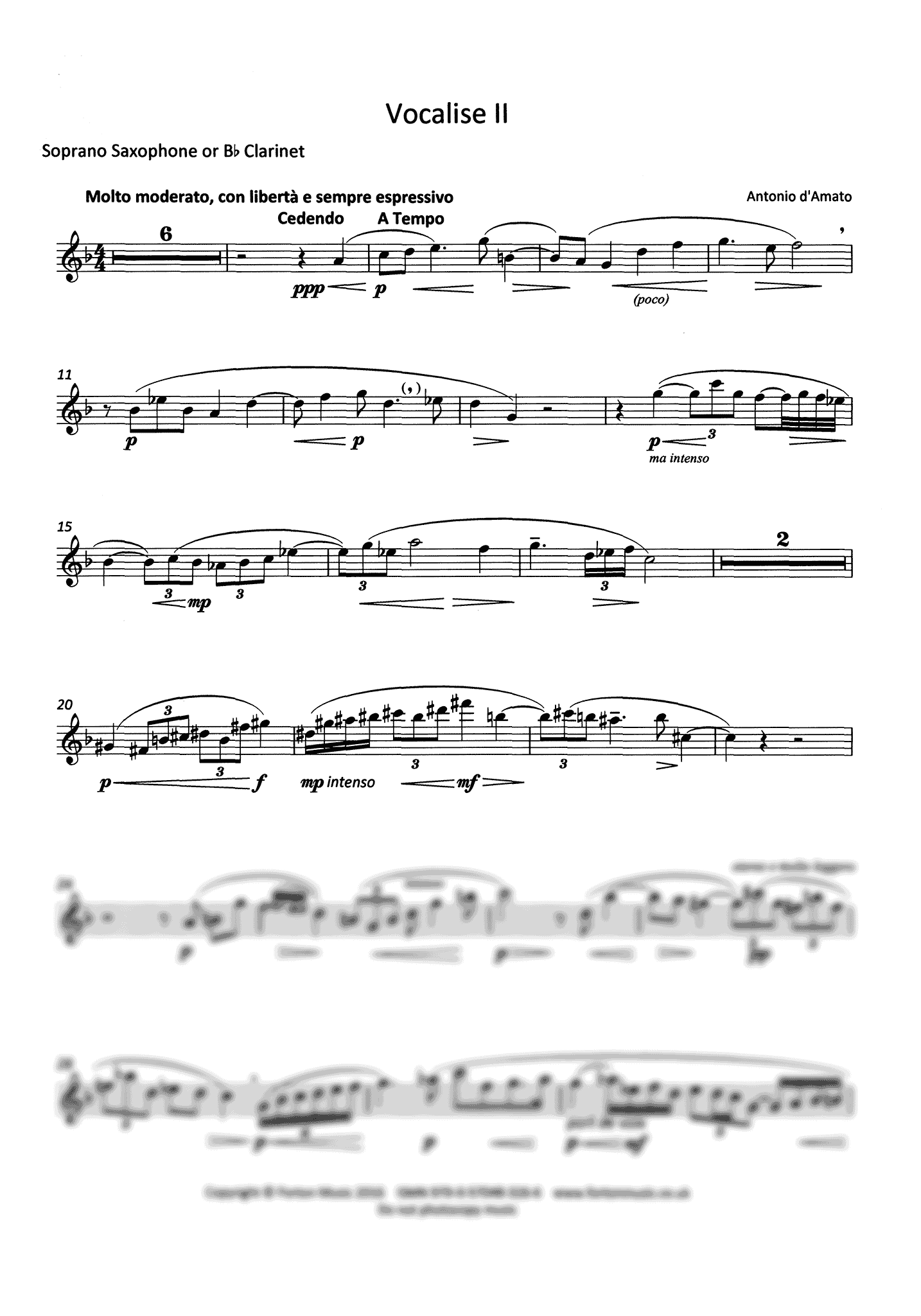 Antonio d"Amato Vocalise No. 2 for clarinet and piano solo part