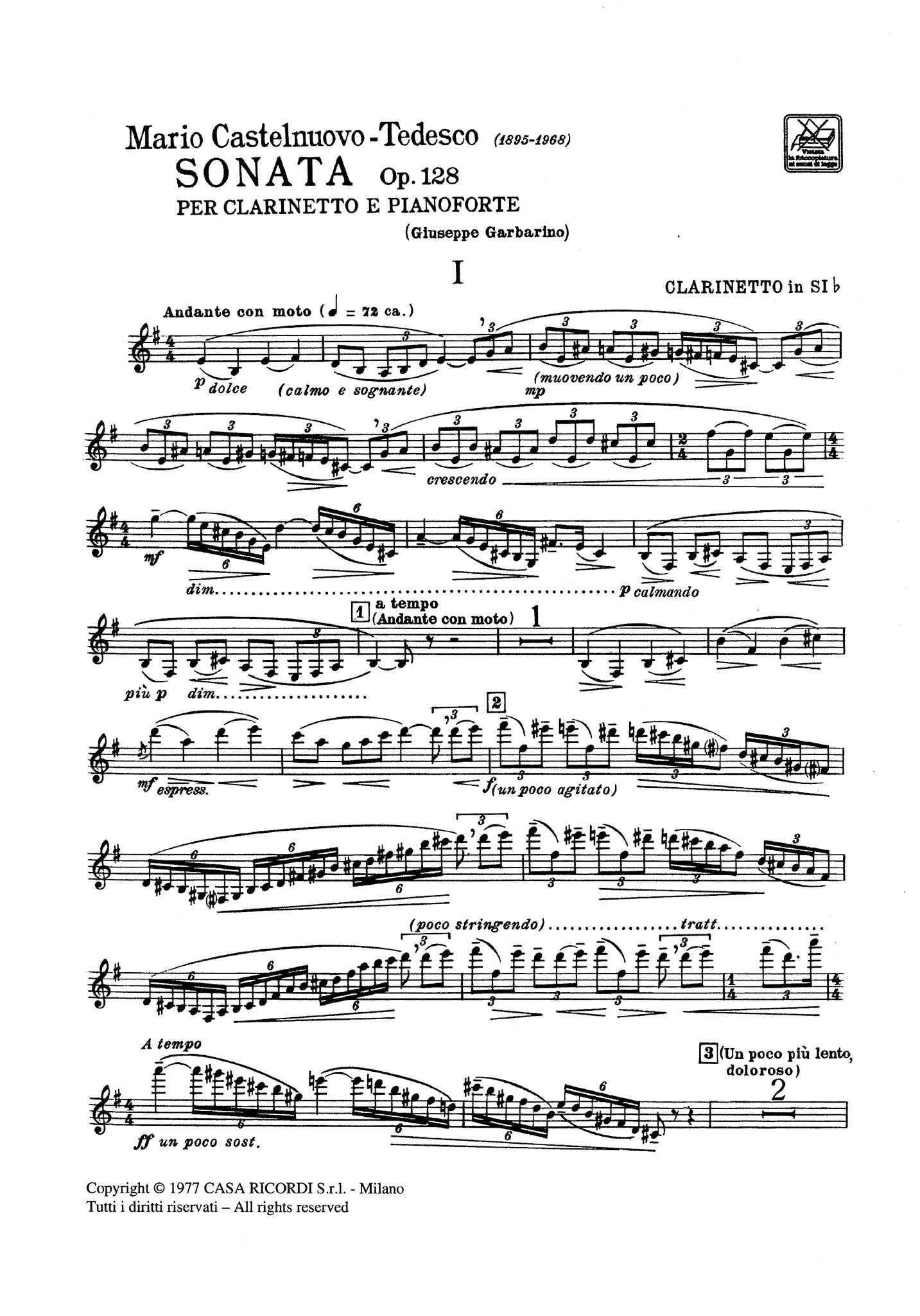 Sonata, Op. 128 Clarinet part