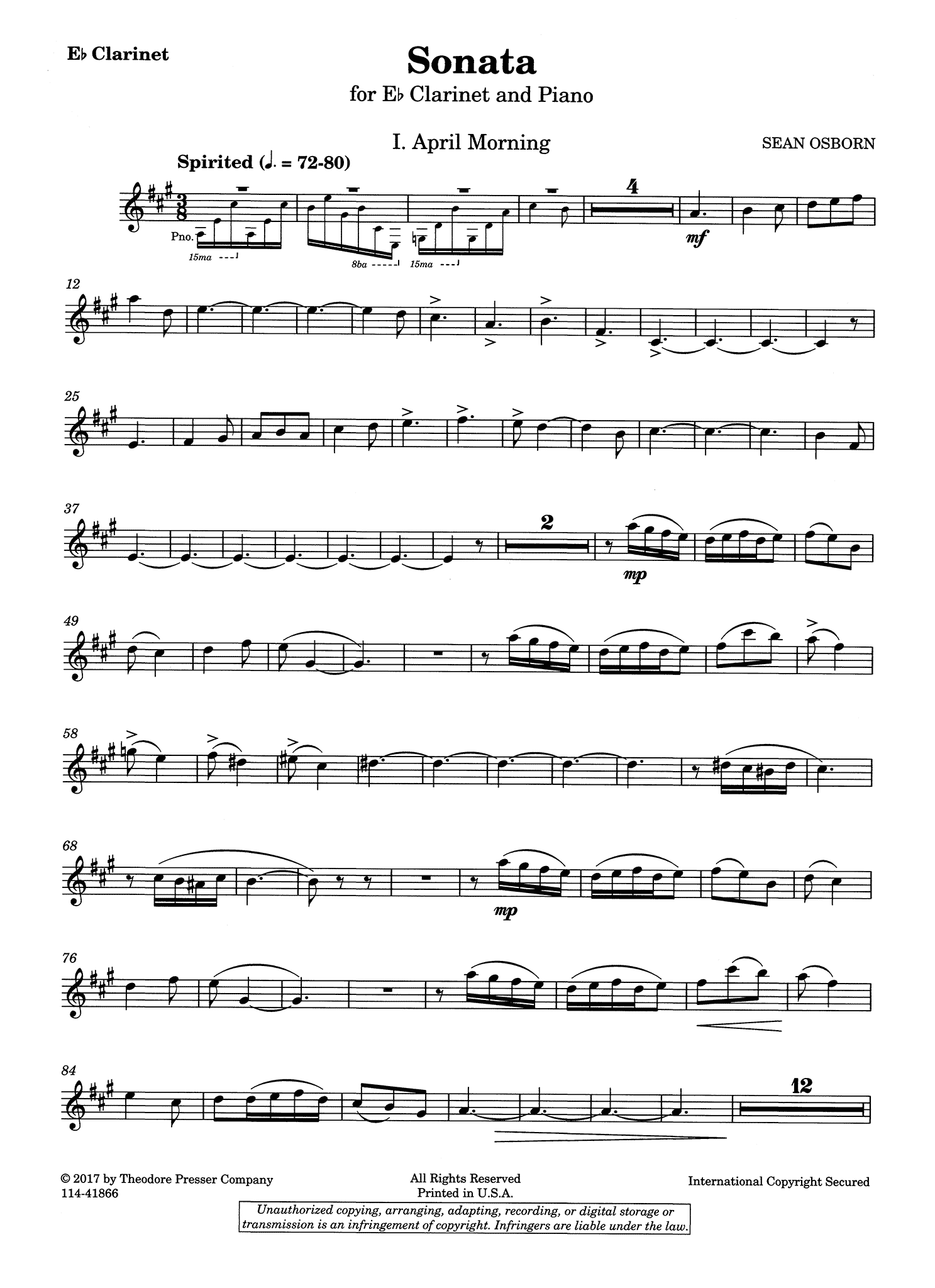 Sean Osborn Sonata for E-flat Clarinet & Piano solo part