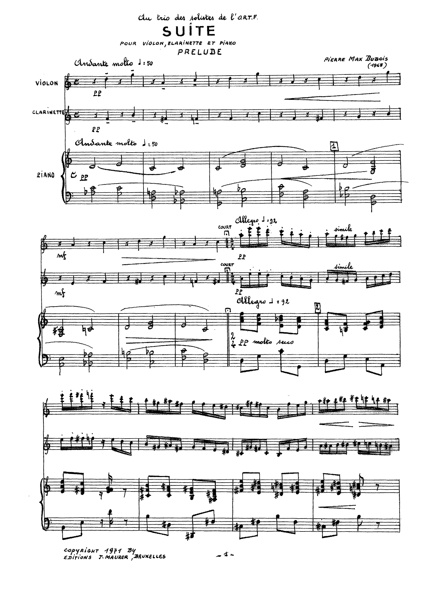 Pierre Max Dubois Suite for clarinet, violin, & piano - Movement 1