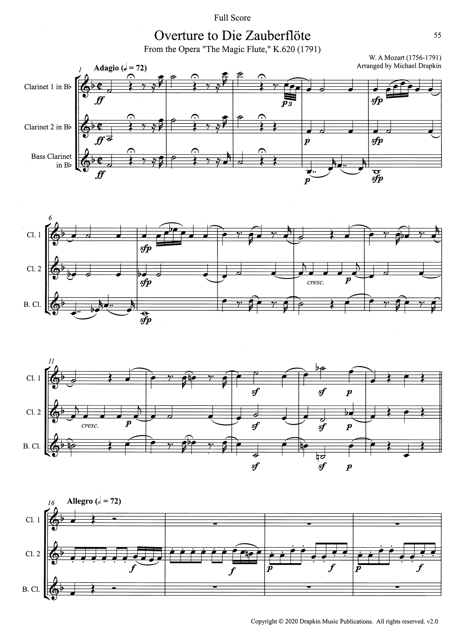 Mozart Magic Flute Overture Clarinet trio score