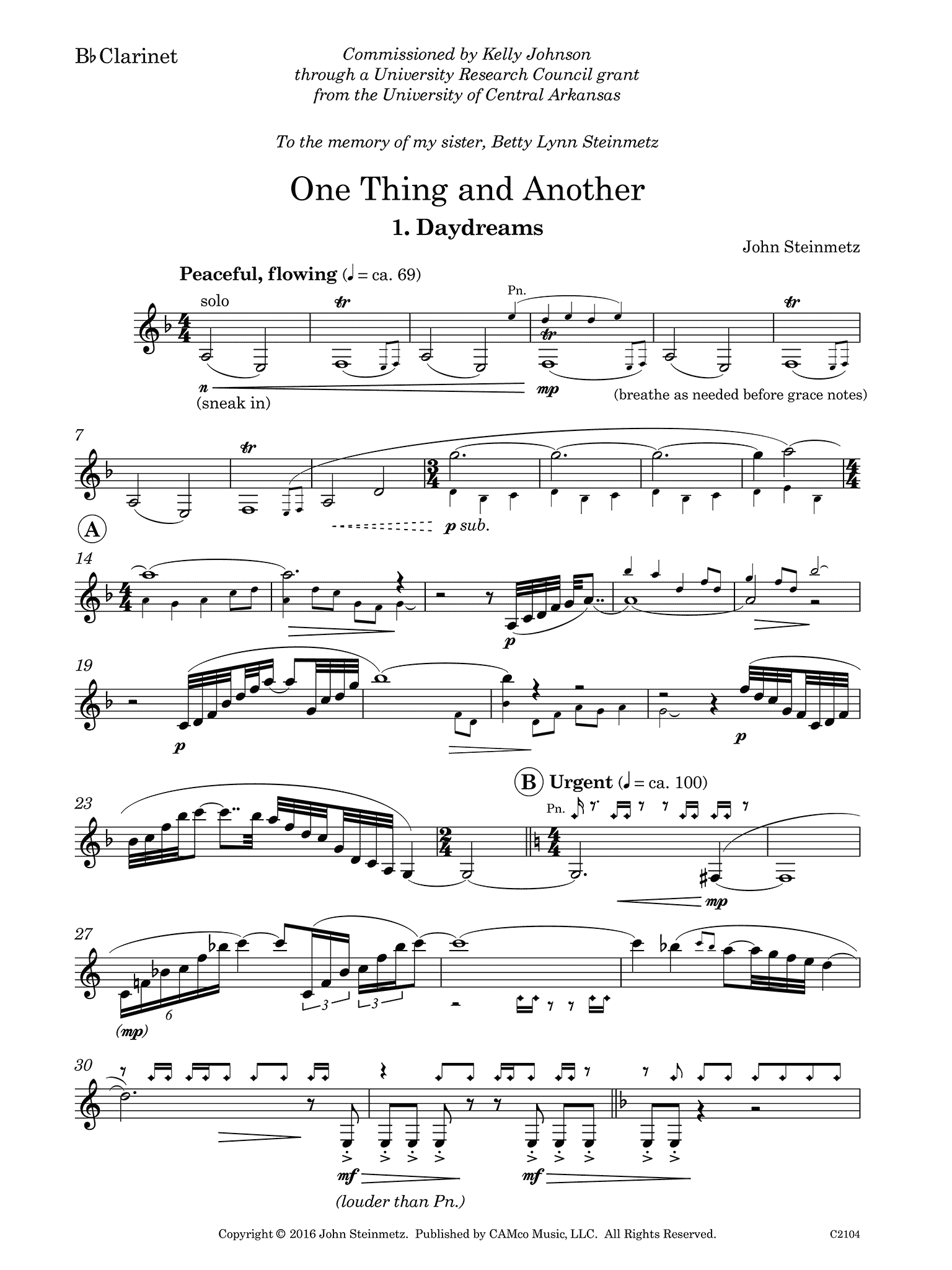John Steinmetz One Thing and Another clarinet part