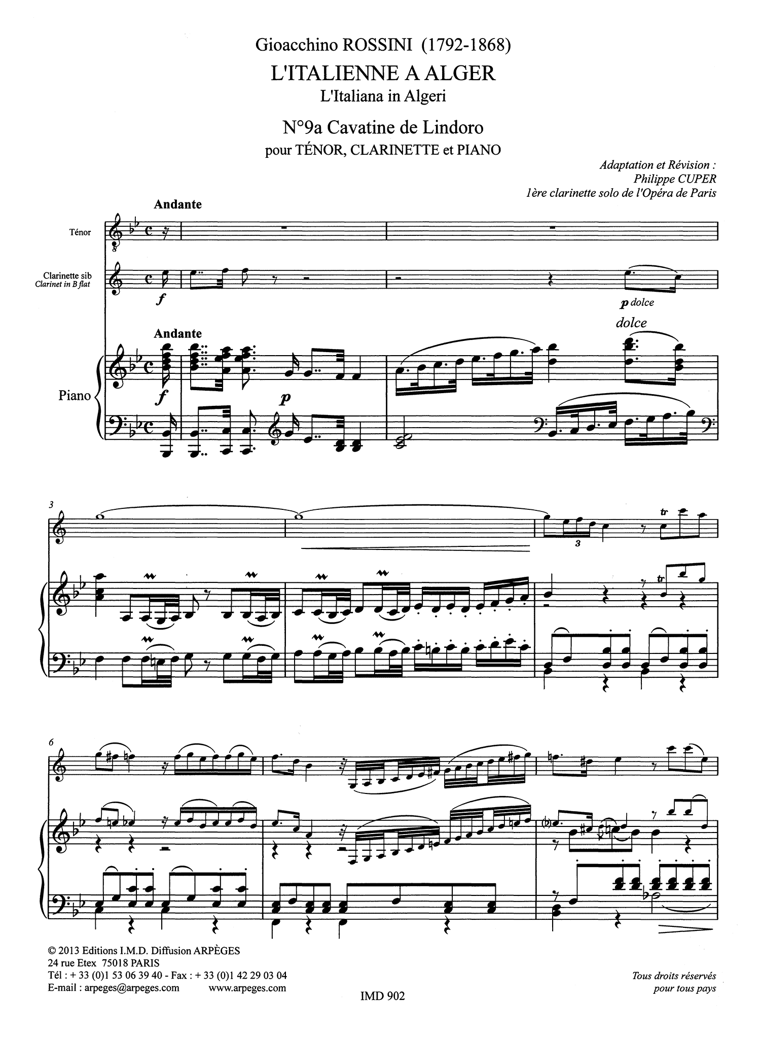 Rossini Concedi amor pietoso L'Italienne a Alger tenor clarinet piano arrangement score