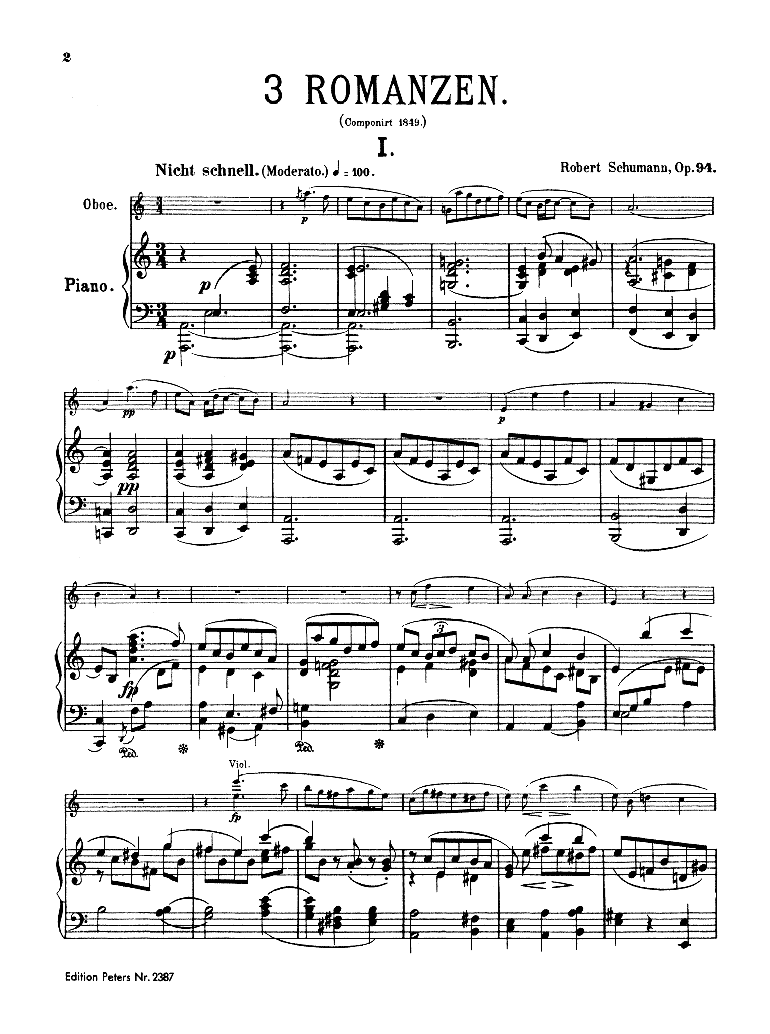 Schumann Three Romances, Op. 94 - Movement 1
