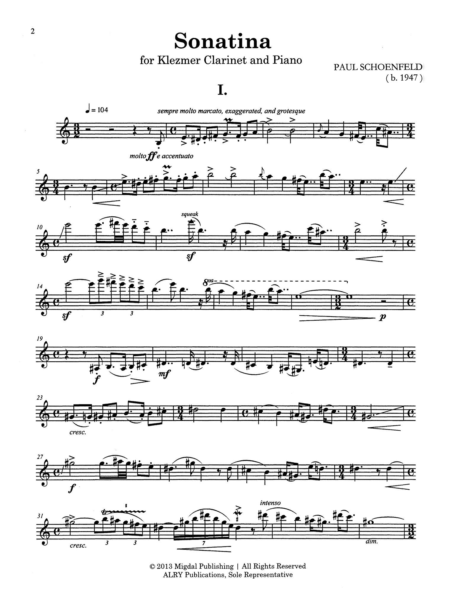 Schoenfeld Sonatina for Klezmer Clarinet & Piano solo part