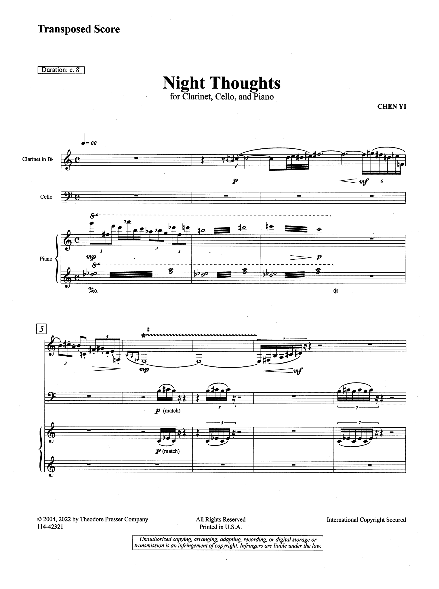 Chen Yi Night Thoughts clarinet cello piano trio score