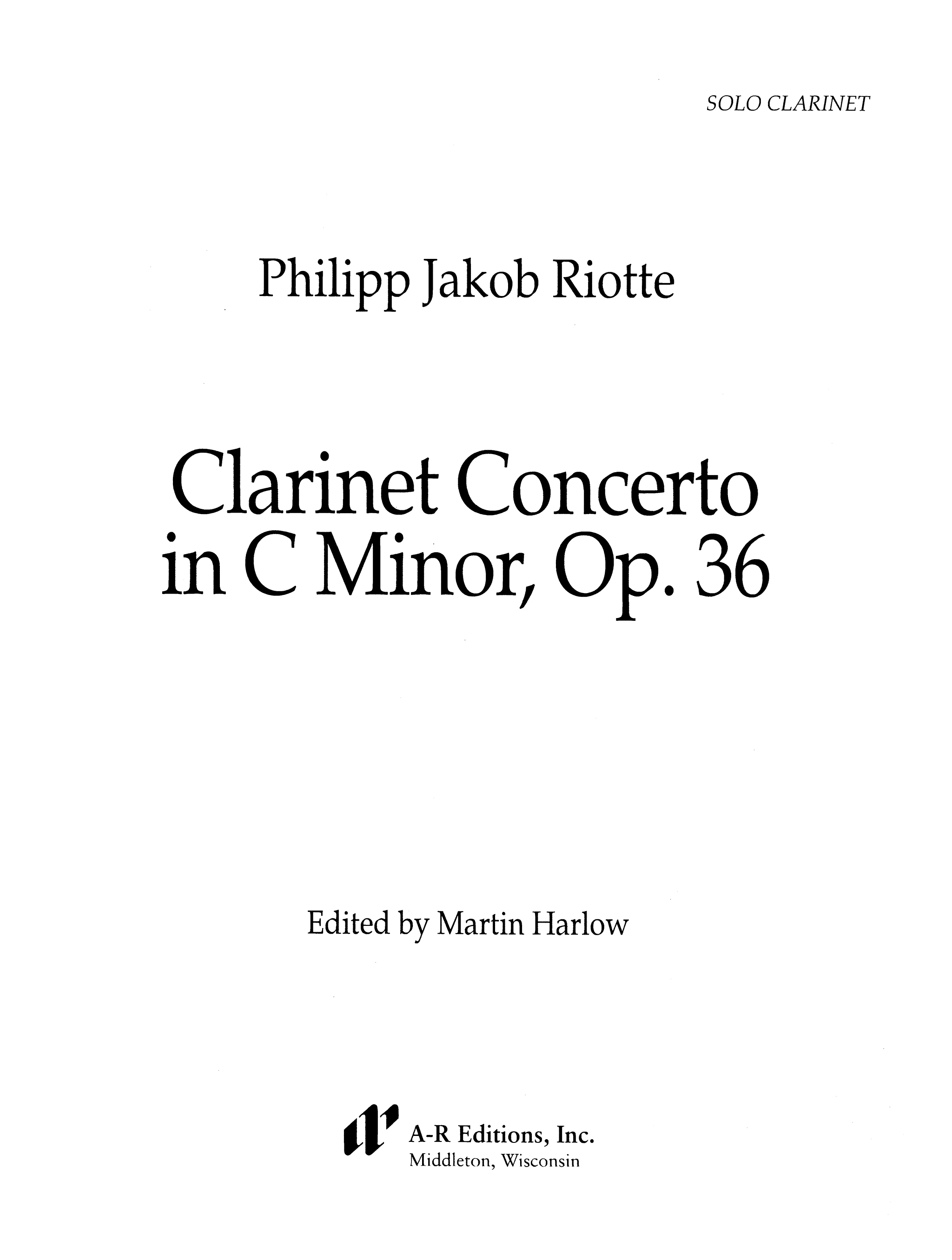 Philipp Jakob Riotte Clarinet Concerto in C Minor, Op. 36 Cover