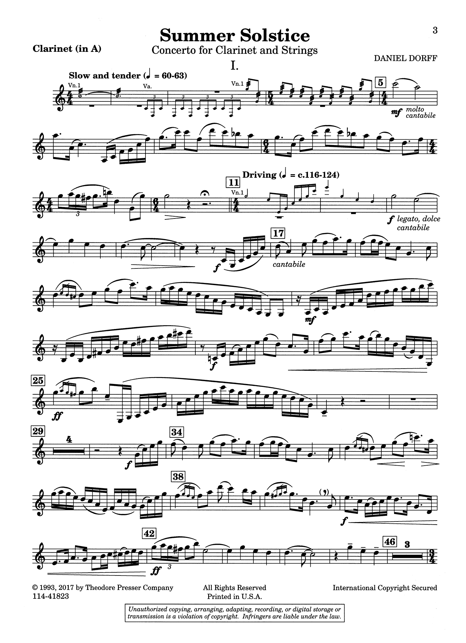 Dorff Summer Solstice clarinet concerto piano reduction solo part