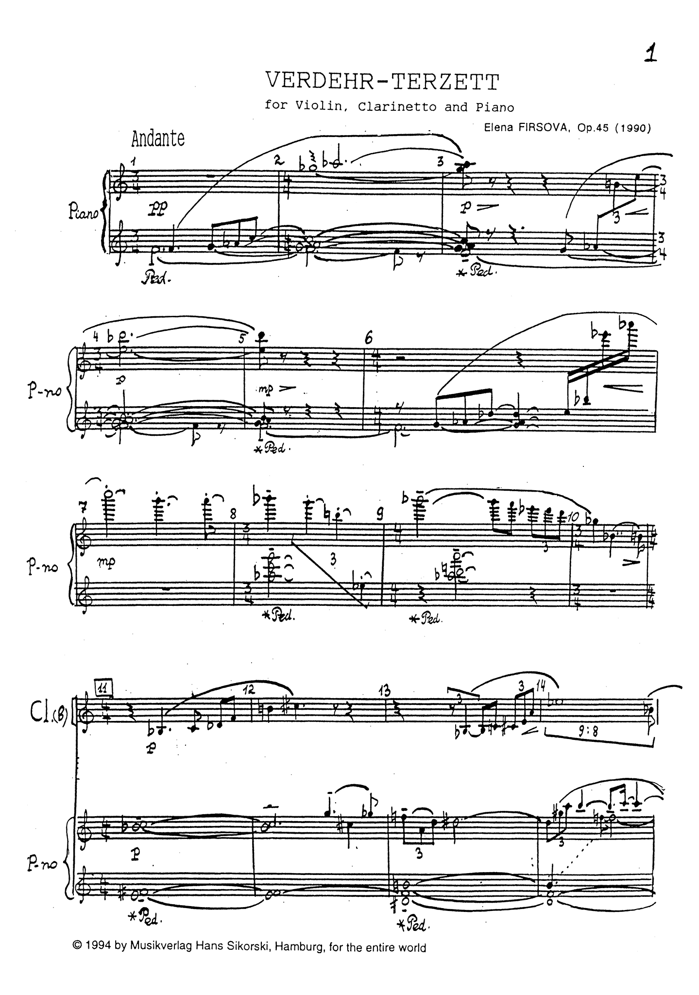 Firsova Verdehr-Trio, Op. 45 clarinet violin and piano score