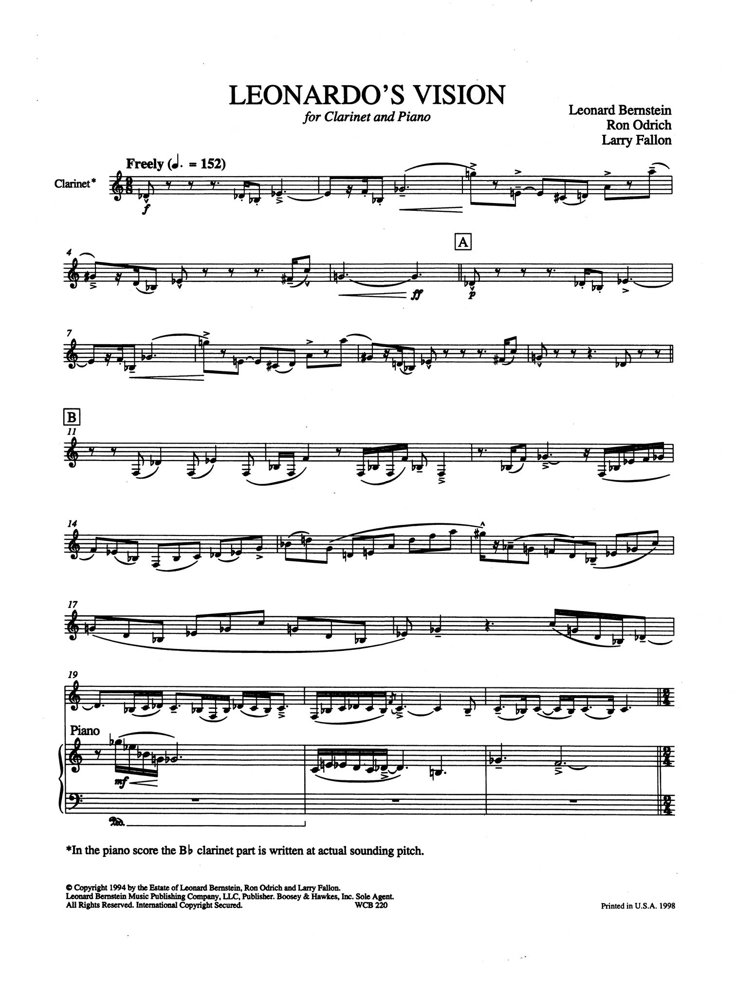 Leonardo’s Vision Bernstein Odrich Fallon for clarinet and piano score