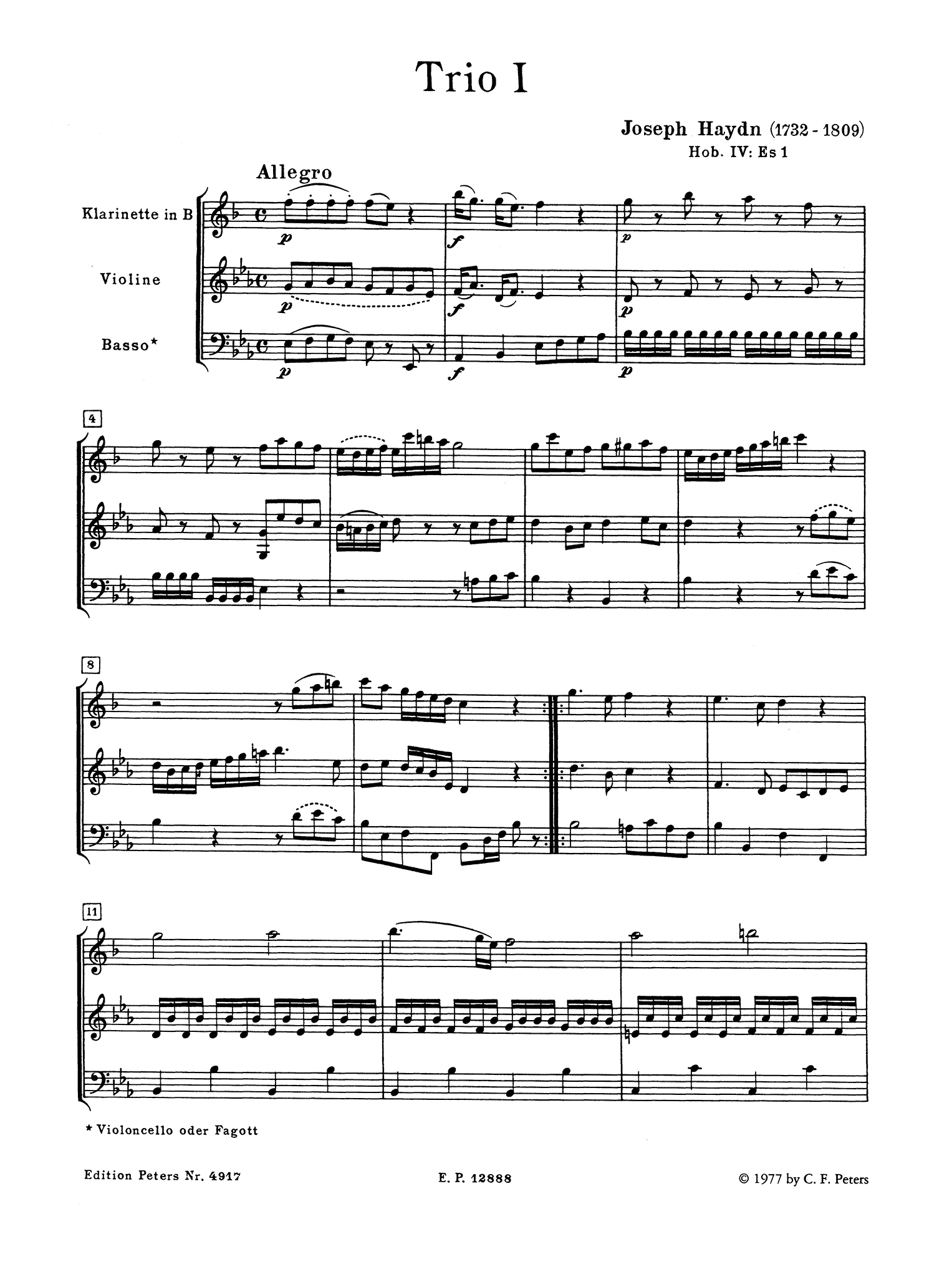 Haydn Three Clarinet Trios, Hob. IV: Es1