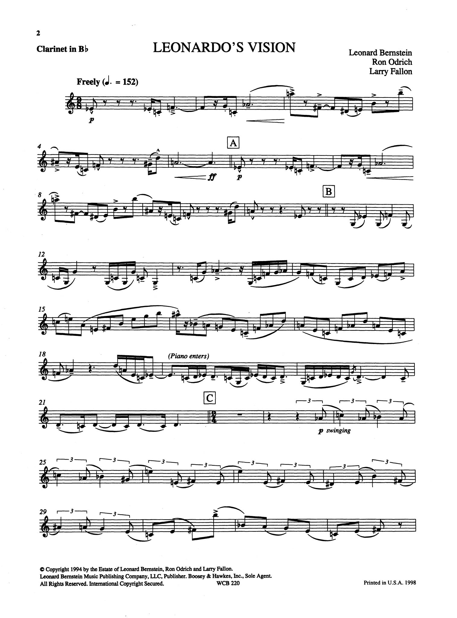 Leonardo’s Vision Bernstein Odrich Fallon for clarinet and piano solo part