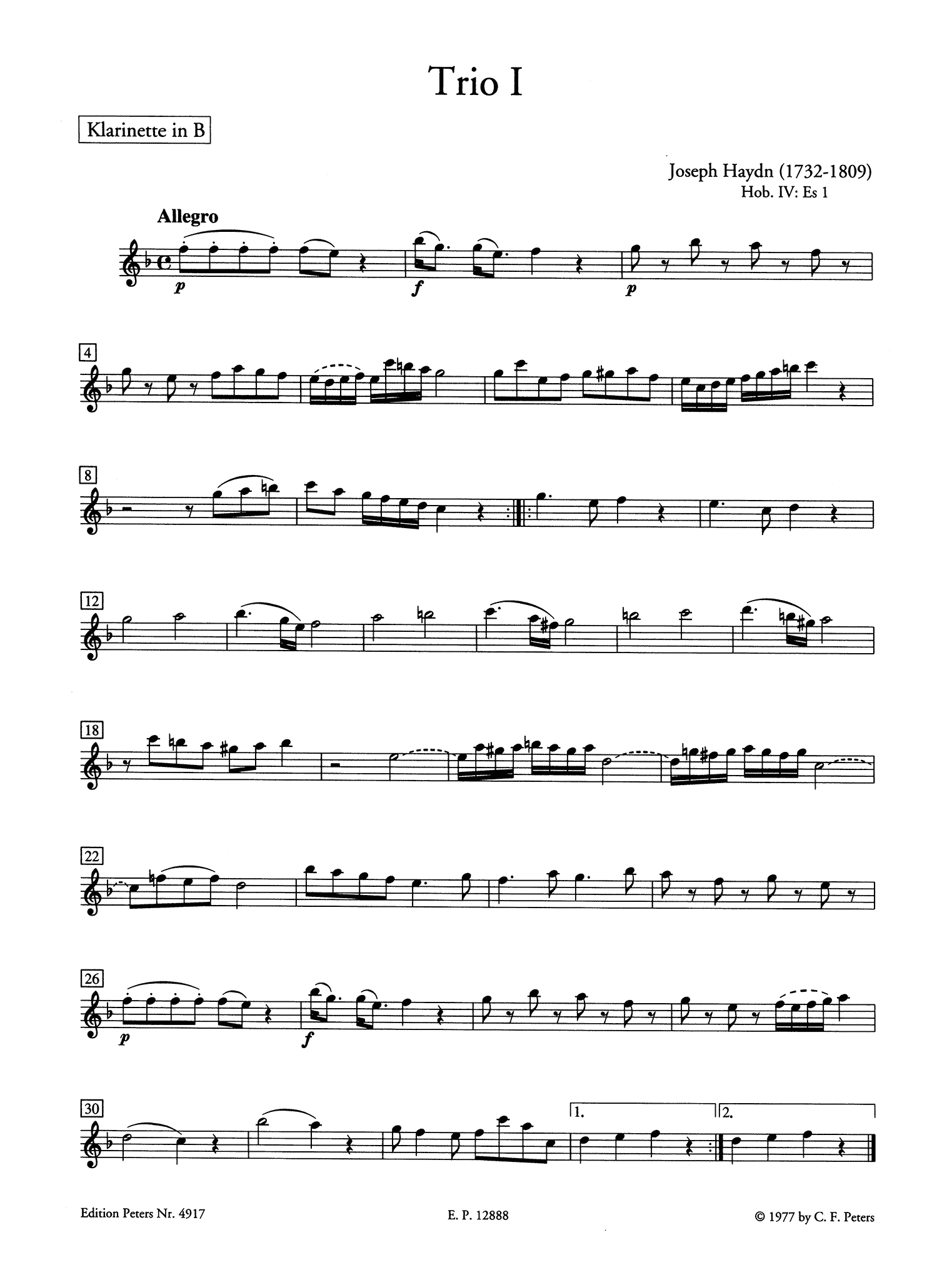 Haydn Three Trios, Hob. IV: Es1; Es2; B1 clarinet part