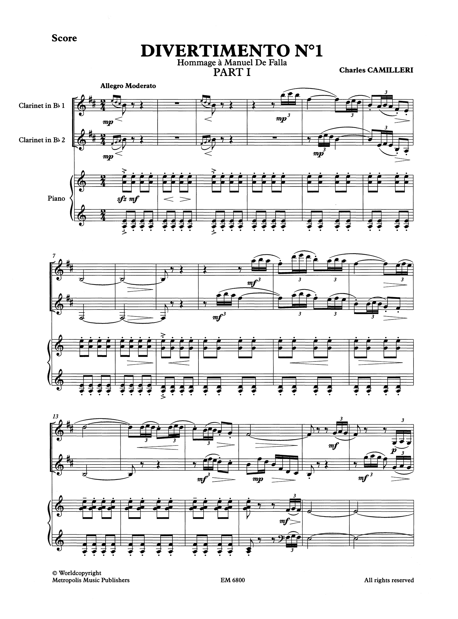 Camilleri Divertimento No. 1 two clarinets and piano - Movement 1